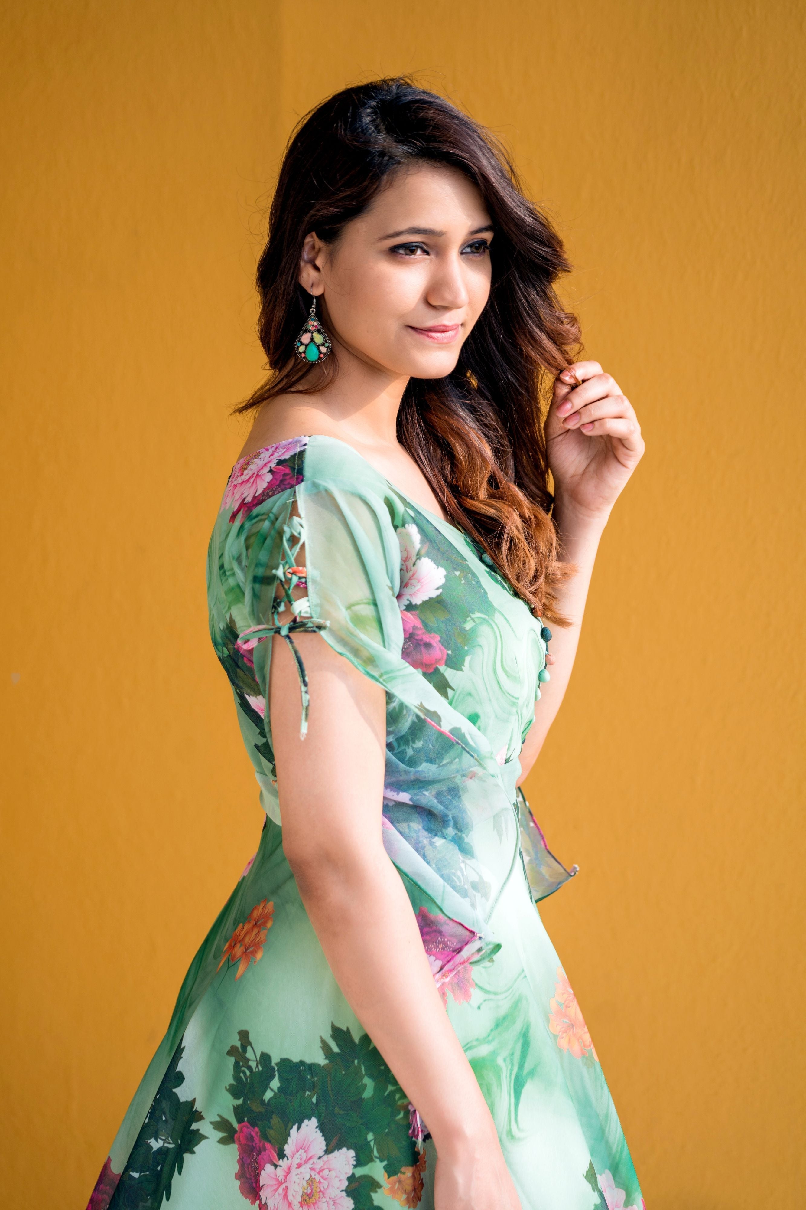 Women Green Floral Print Maxi Dress- Adiba Fashion