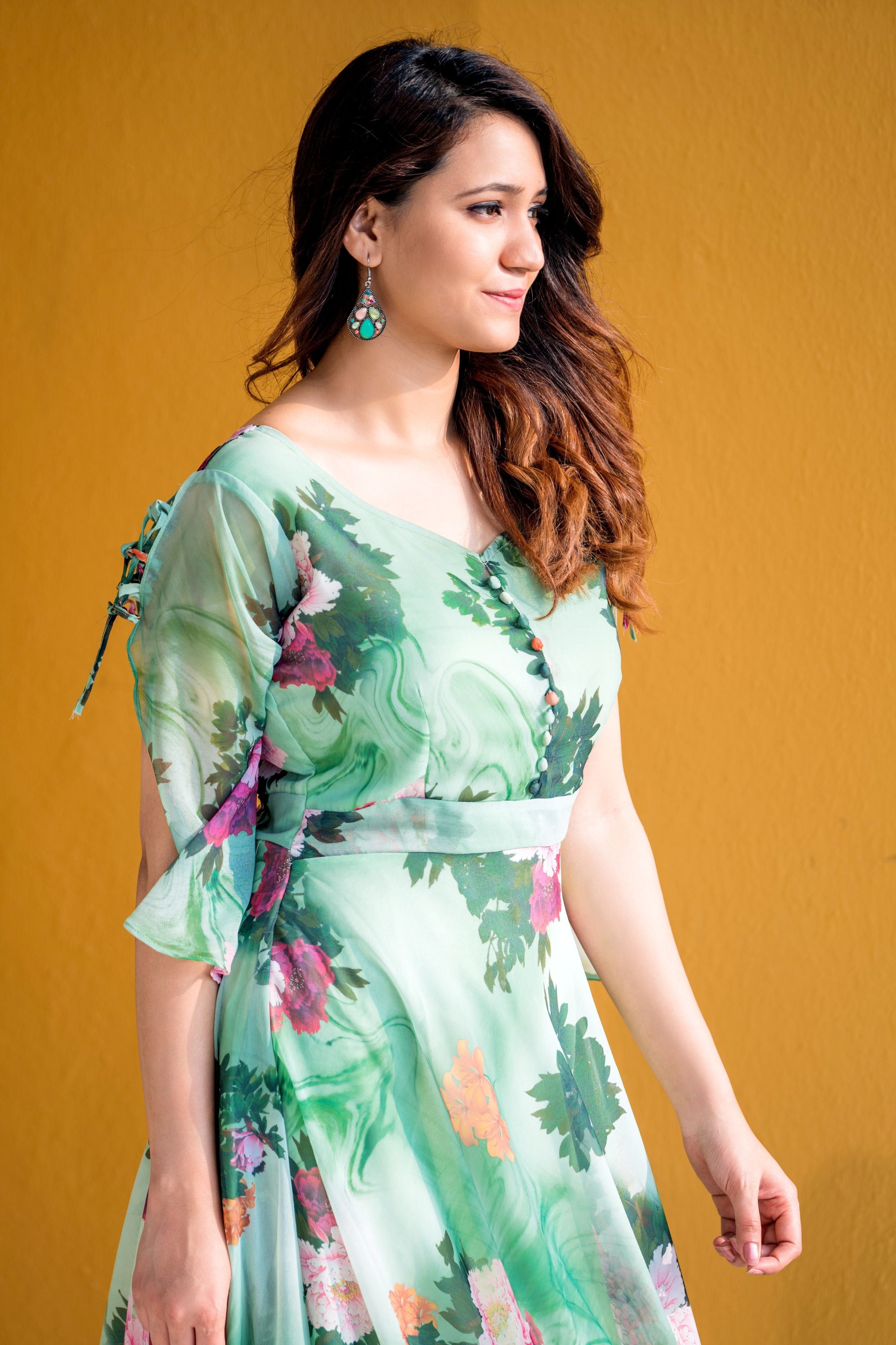 Women Green Floral Print Maxi Dress- Adiba Fashion