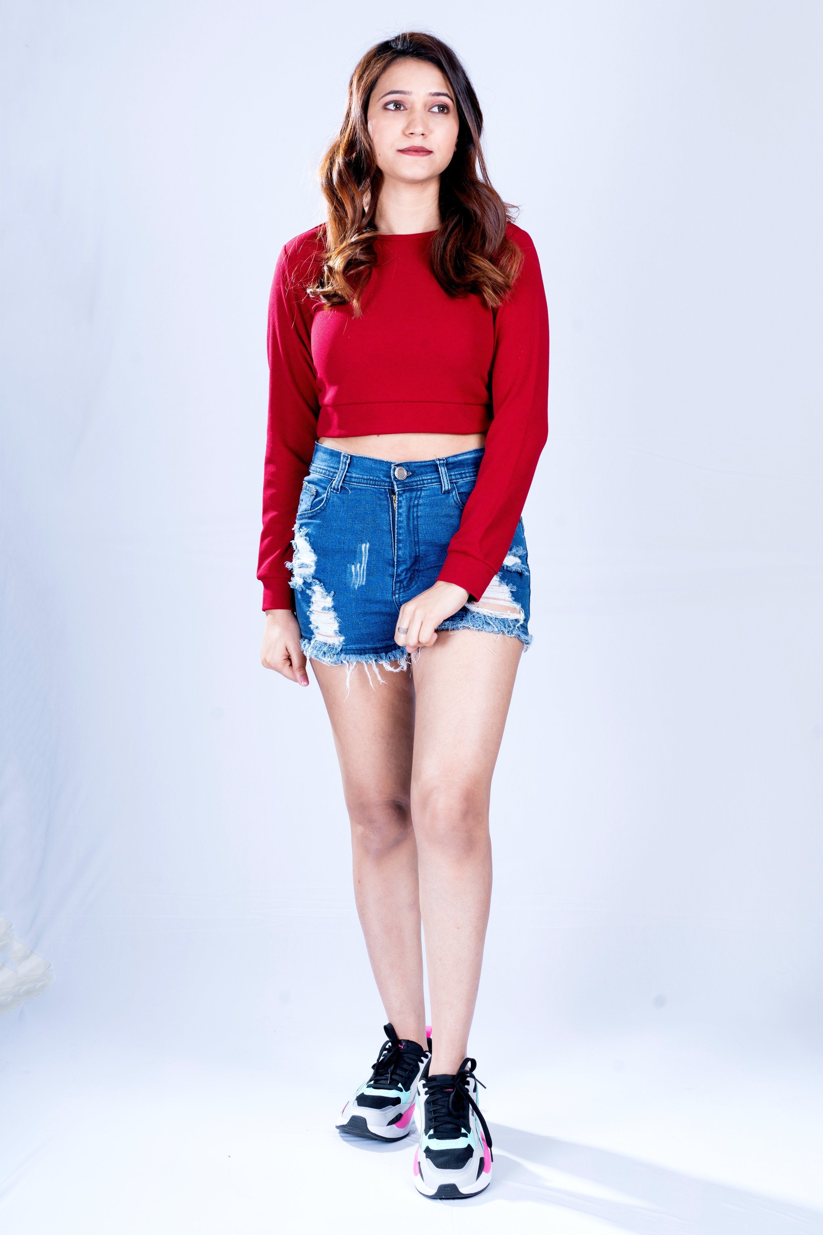 Designer Maroon Women Solid Long Sleeve Crop Top- Adiba Fashion
