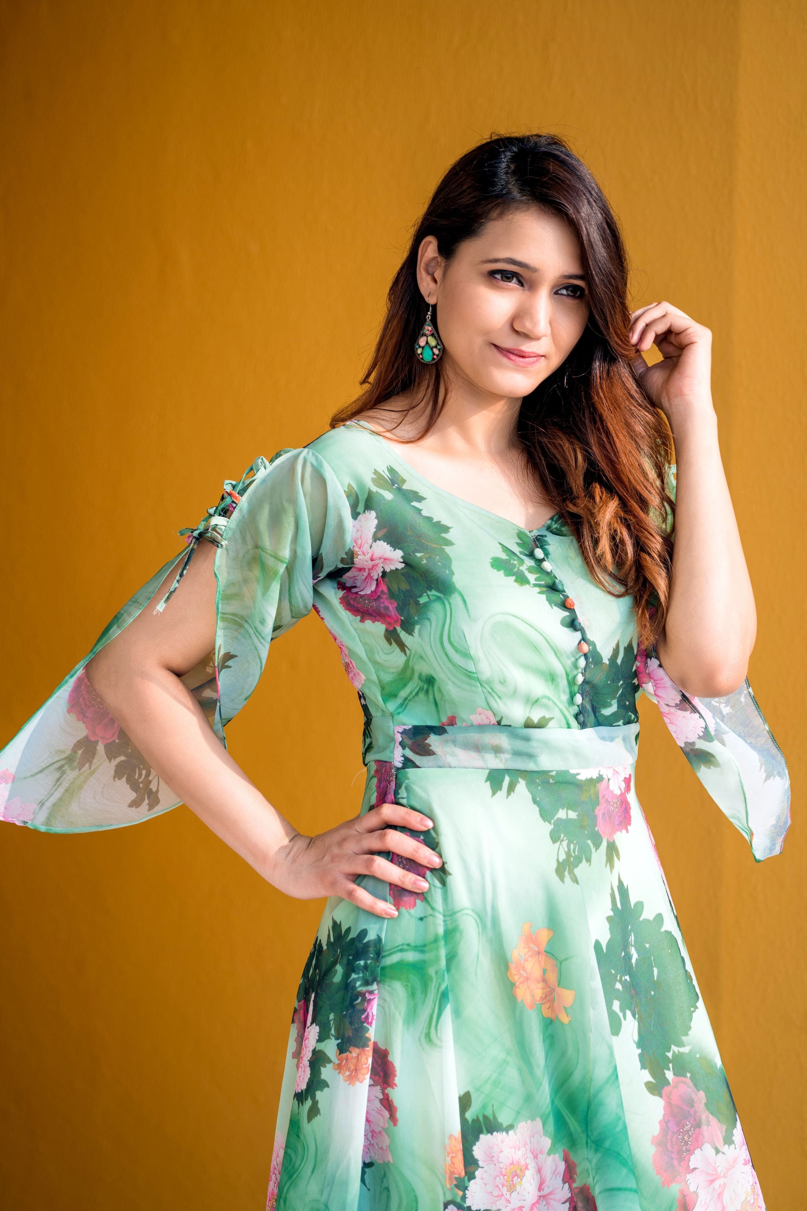 Women Green Floral Print Maxi Dress- Adiba Fashion