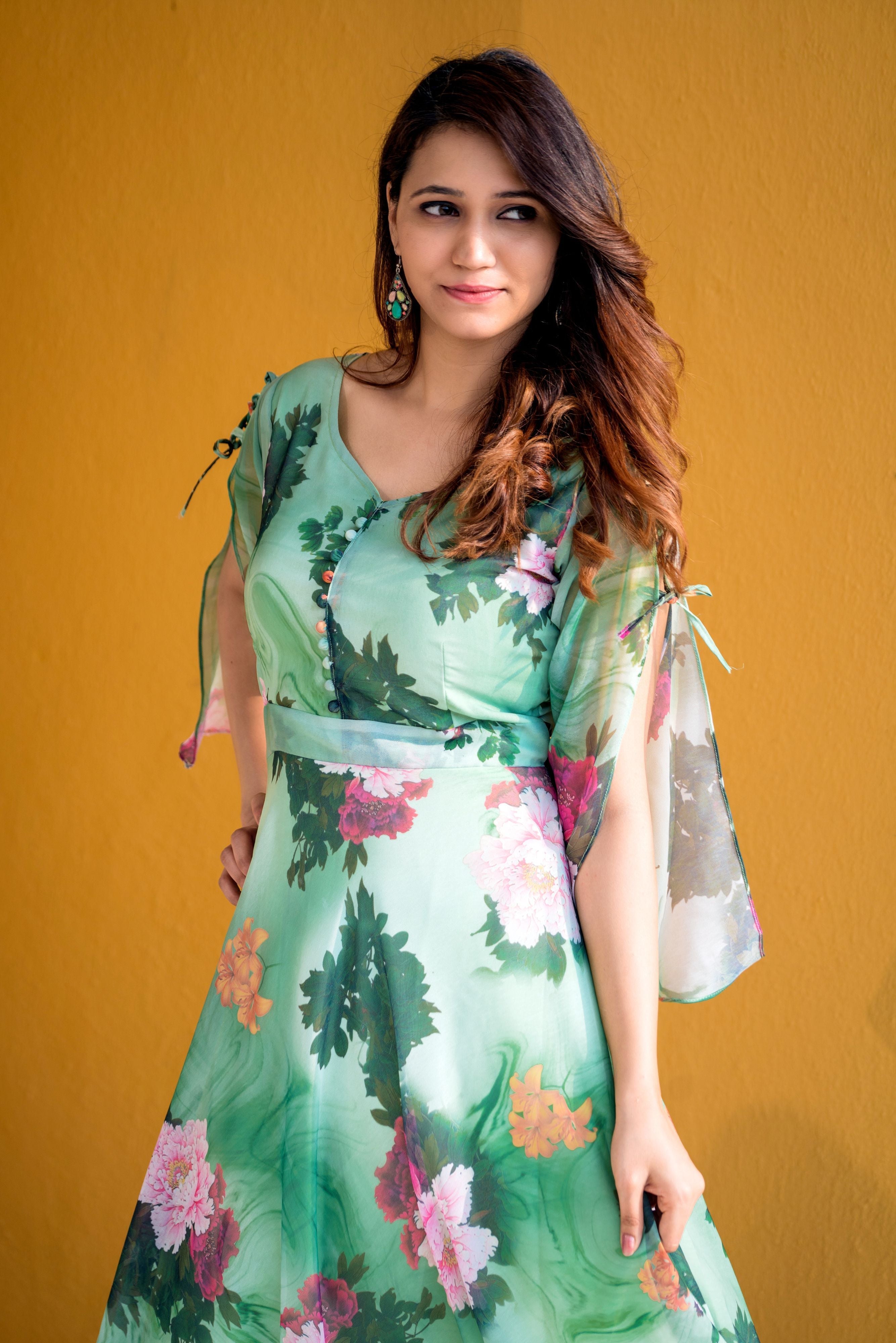Women Green Floral Print Maxi Dress- Adiba Fashion