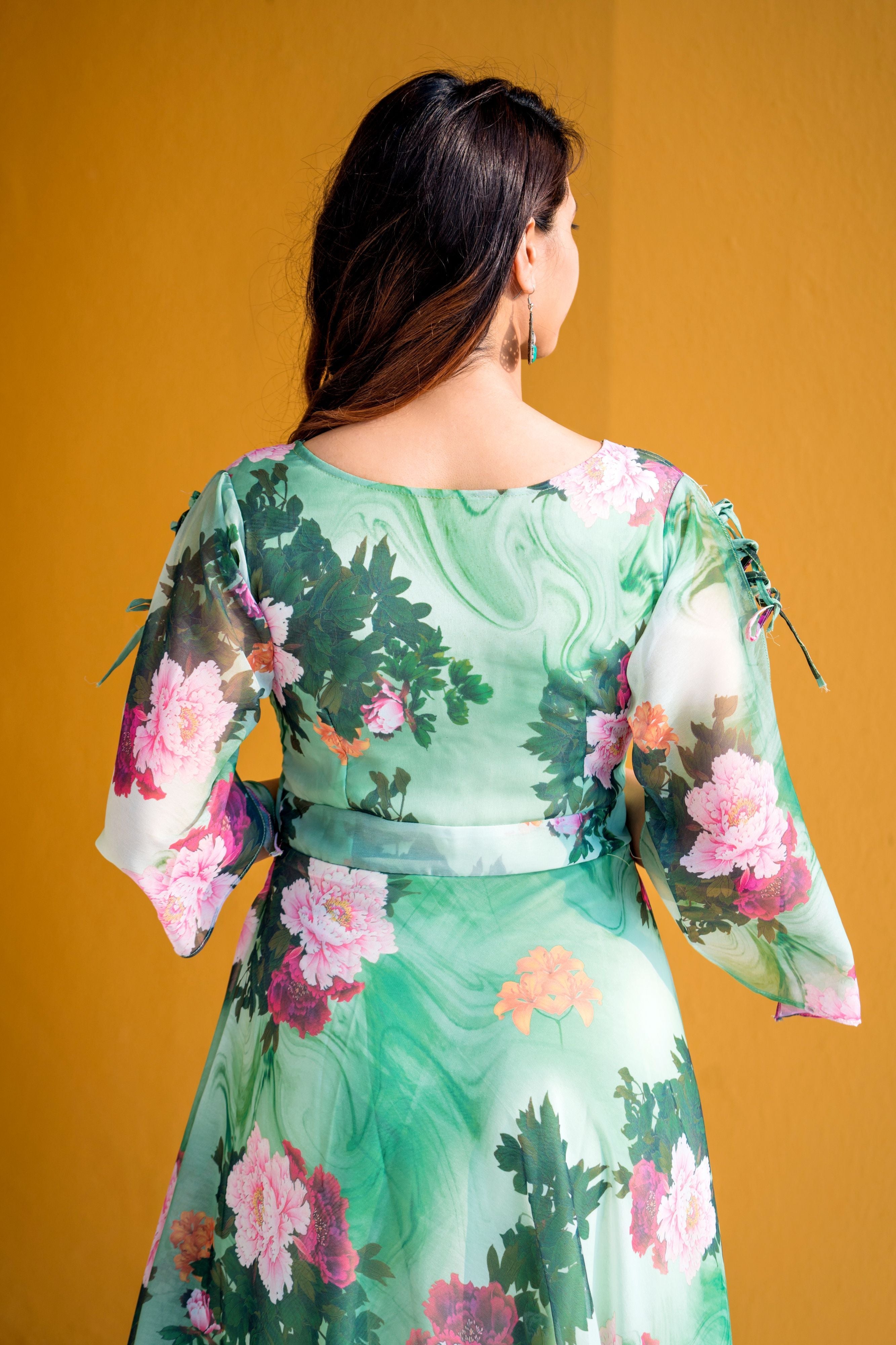 Women Green Floral Print Maxi Dress- Adiba Fashion