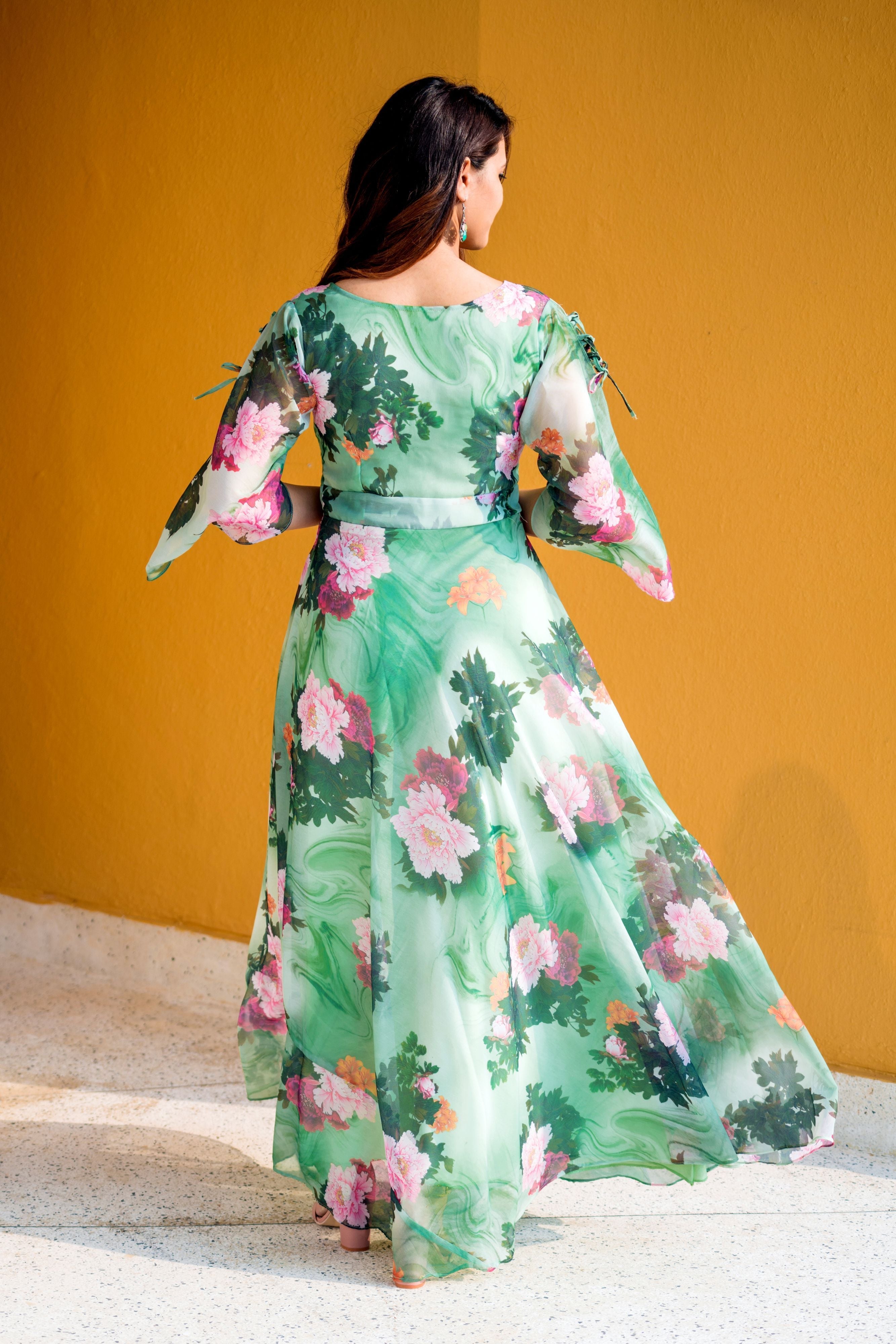 Women Green Floral Print Maxi Dress- Adiba Fashion