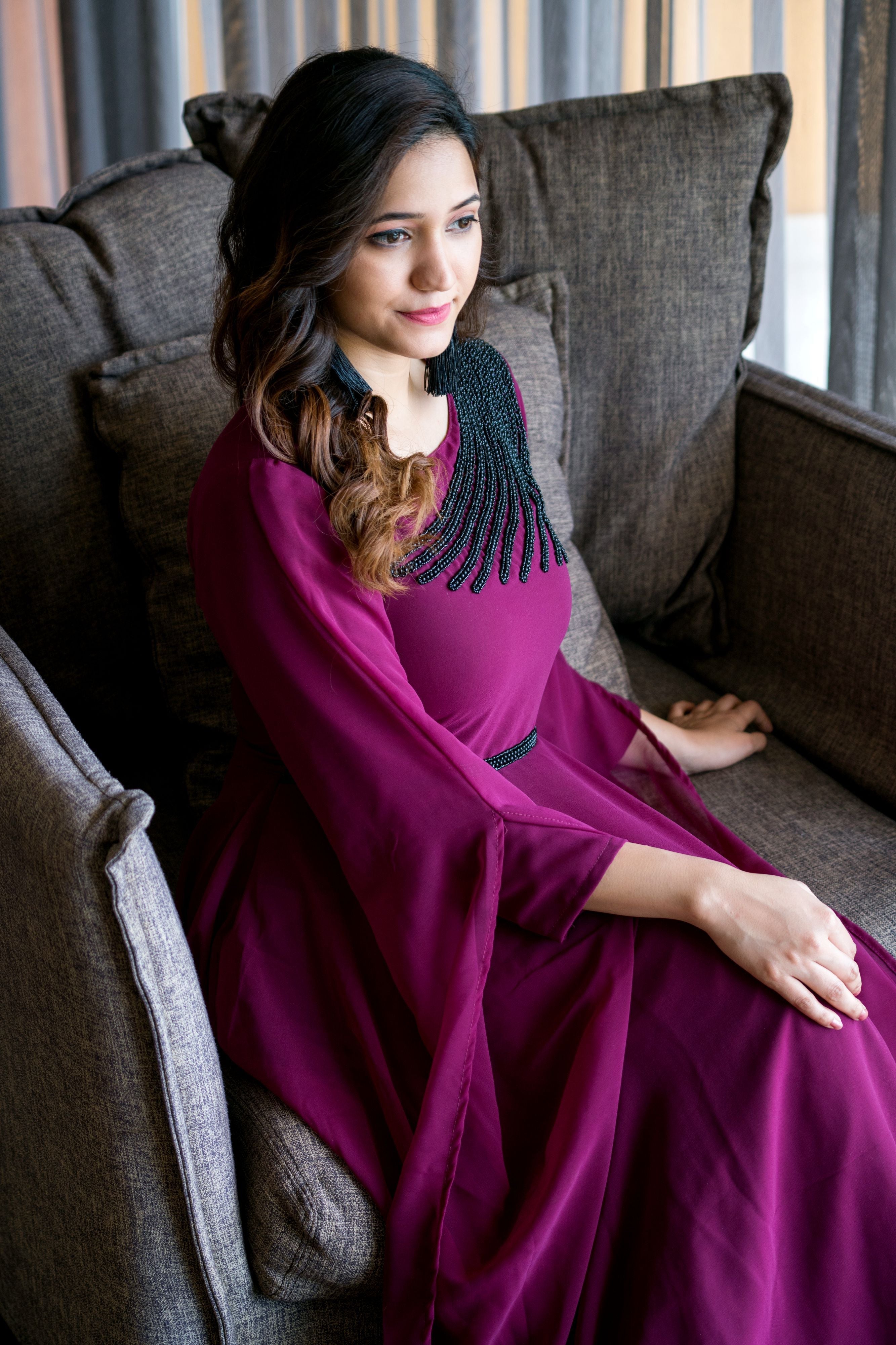 Women Wine Colored Embroidered Round Neck Fit And Flare Gown- Adiba Fashion