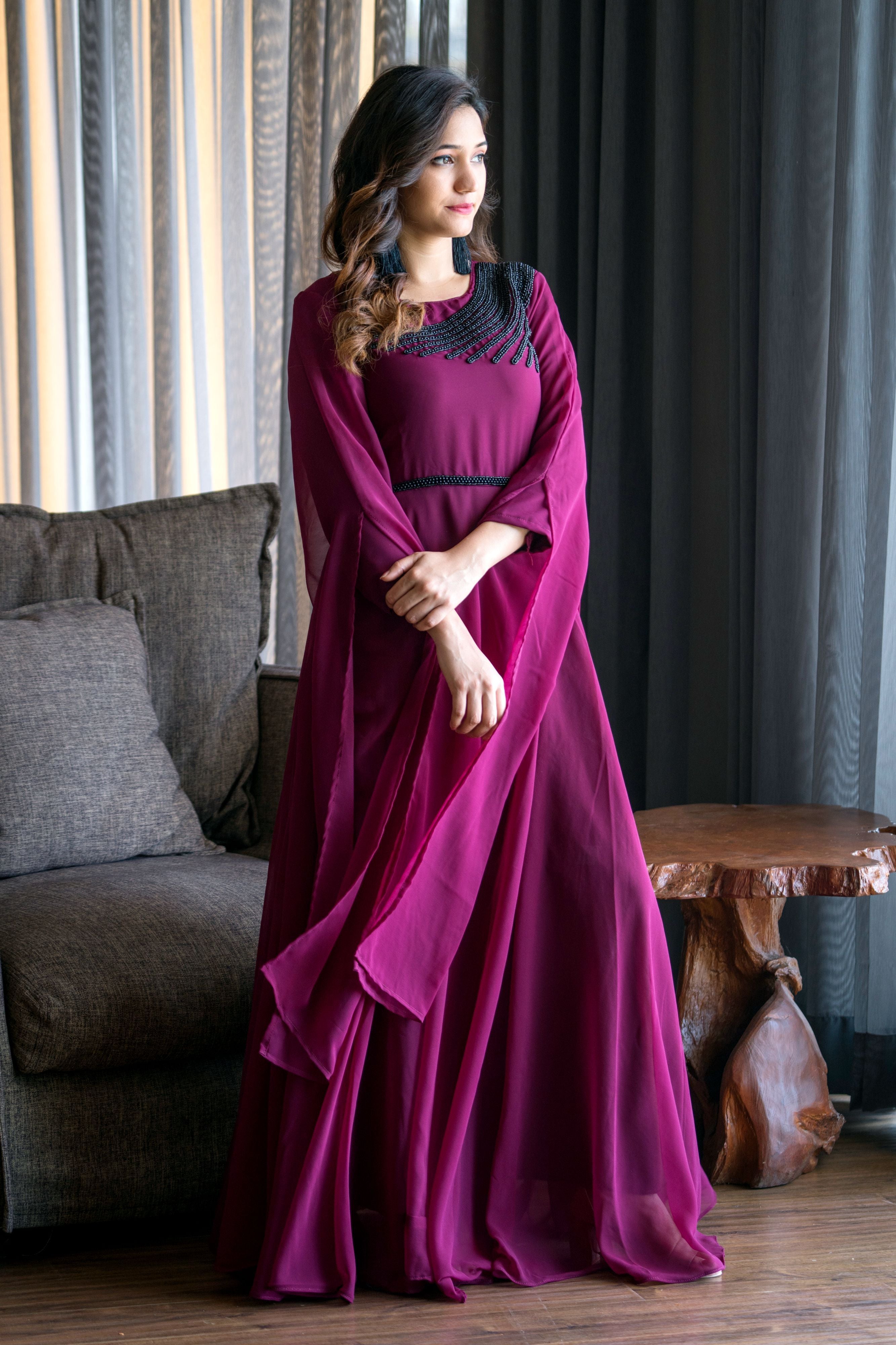 Women Wine Colored Embroidered Round Neck Fit And Flare Gown- Adiba Fashion