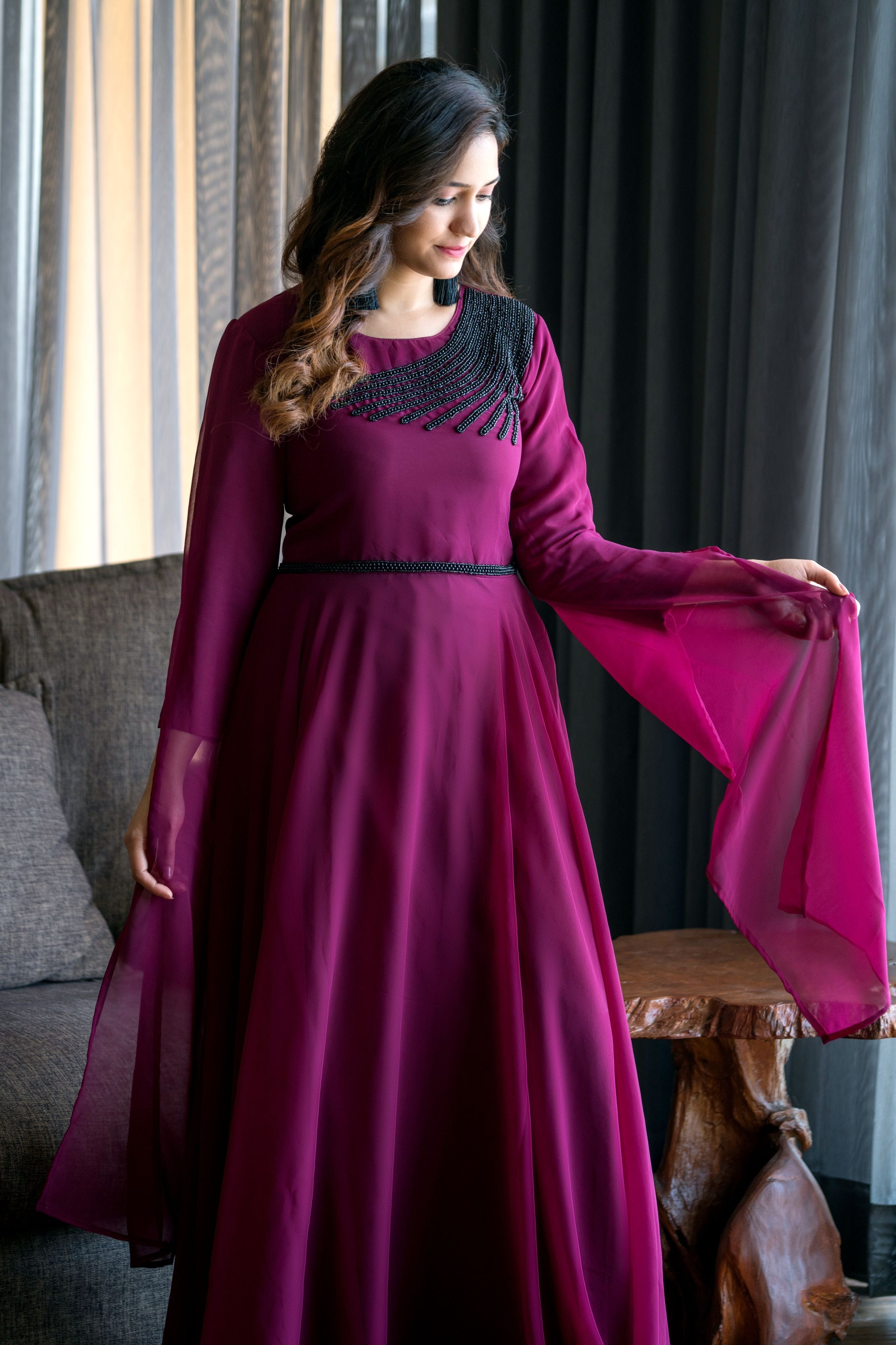 Women Wine Colored Embroidered Round Neck Fit And Flare Gown- Adiba Fashion