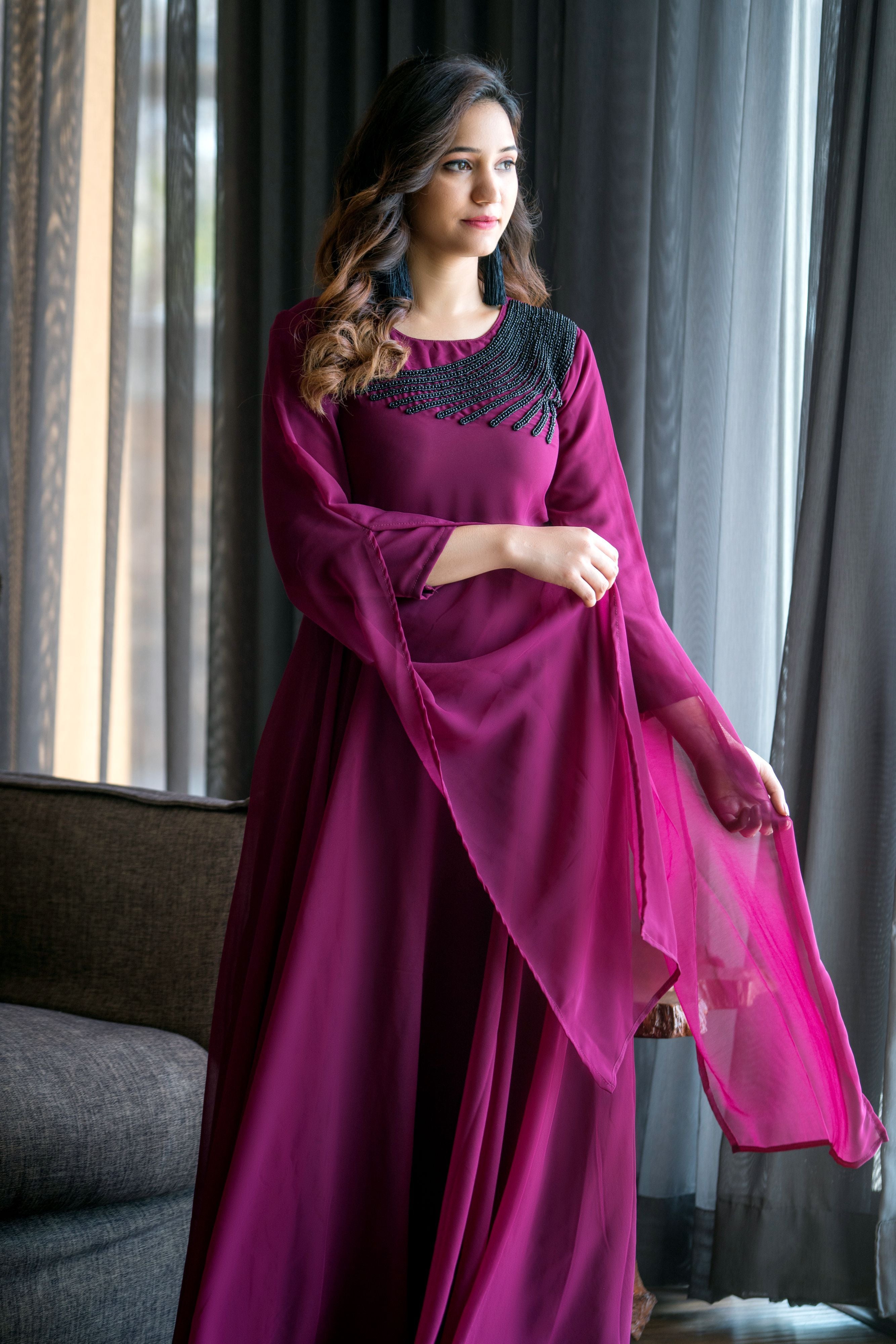 Women Wine Colored Embroidered Round Neck Fit And Flare Gown- Adiba Fashion