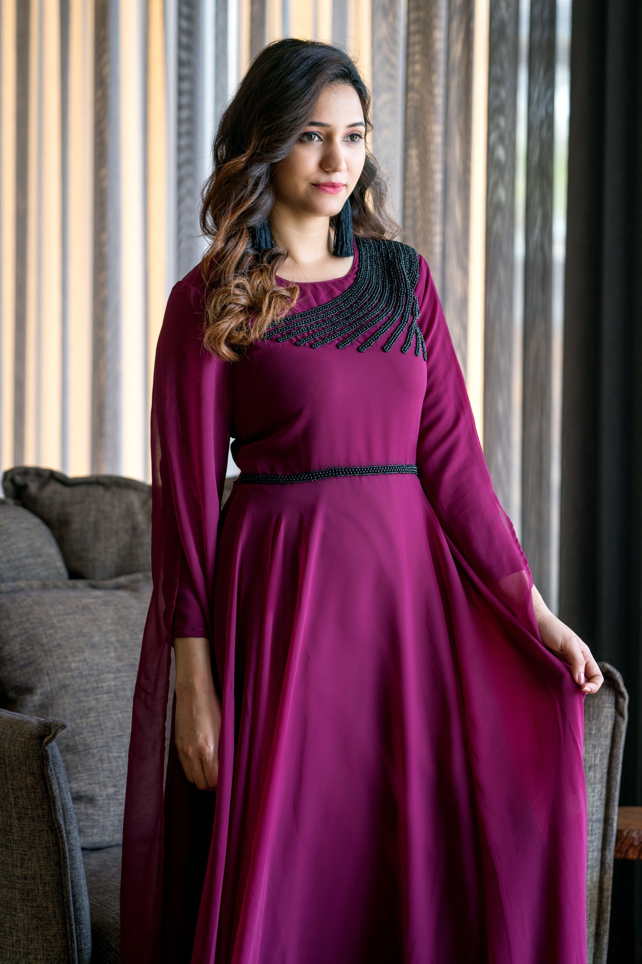 Women Wine Colored Embroidered Round Neck Fit And Flare Gown- Adiba Fashion