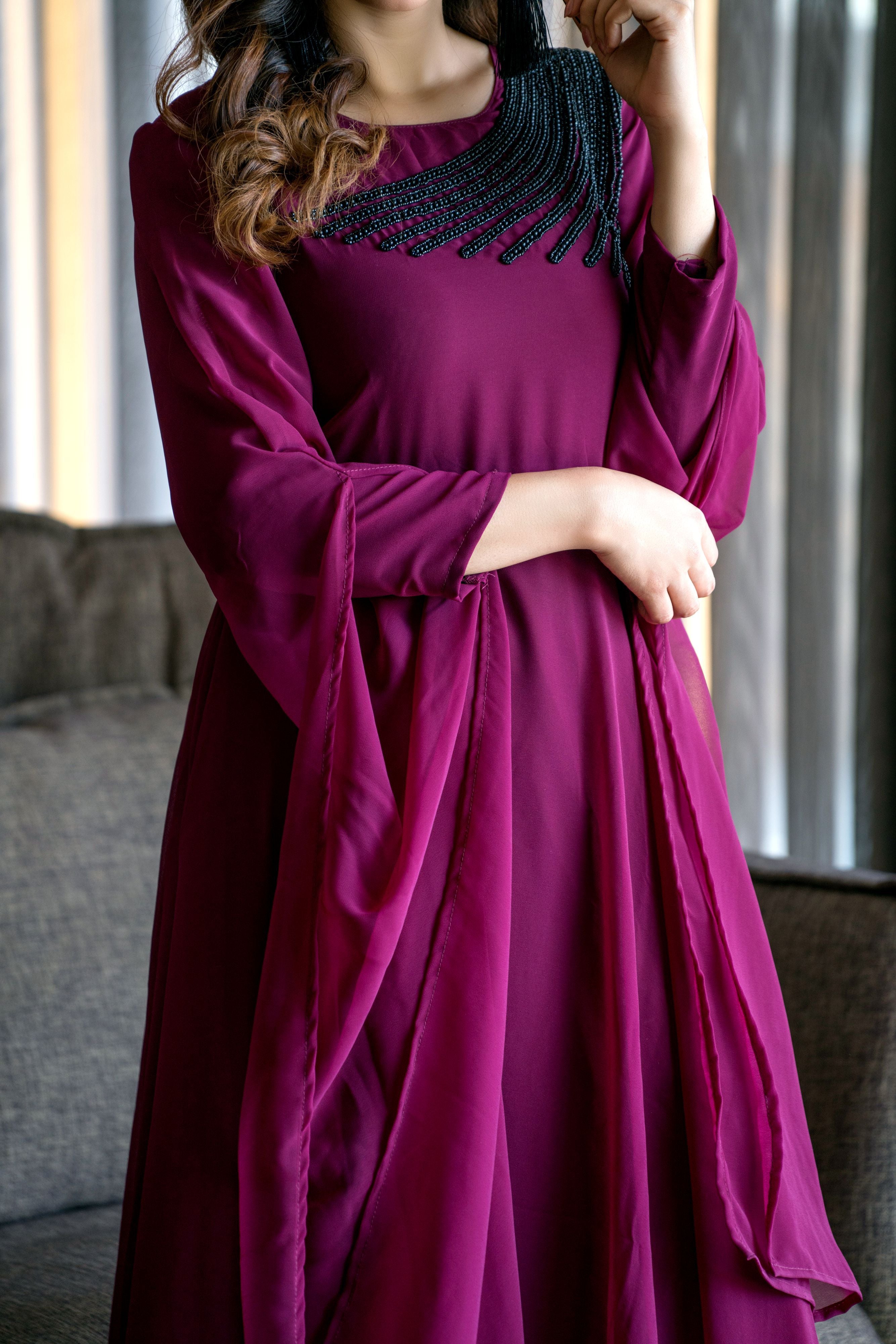 Women Wine Colored Embroidered Round Neck Fit And Flare Gown- Adiba Fashion