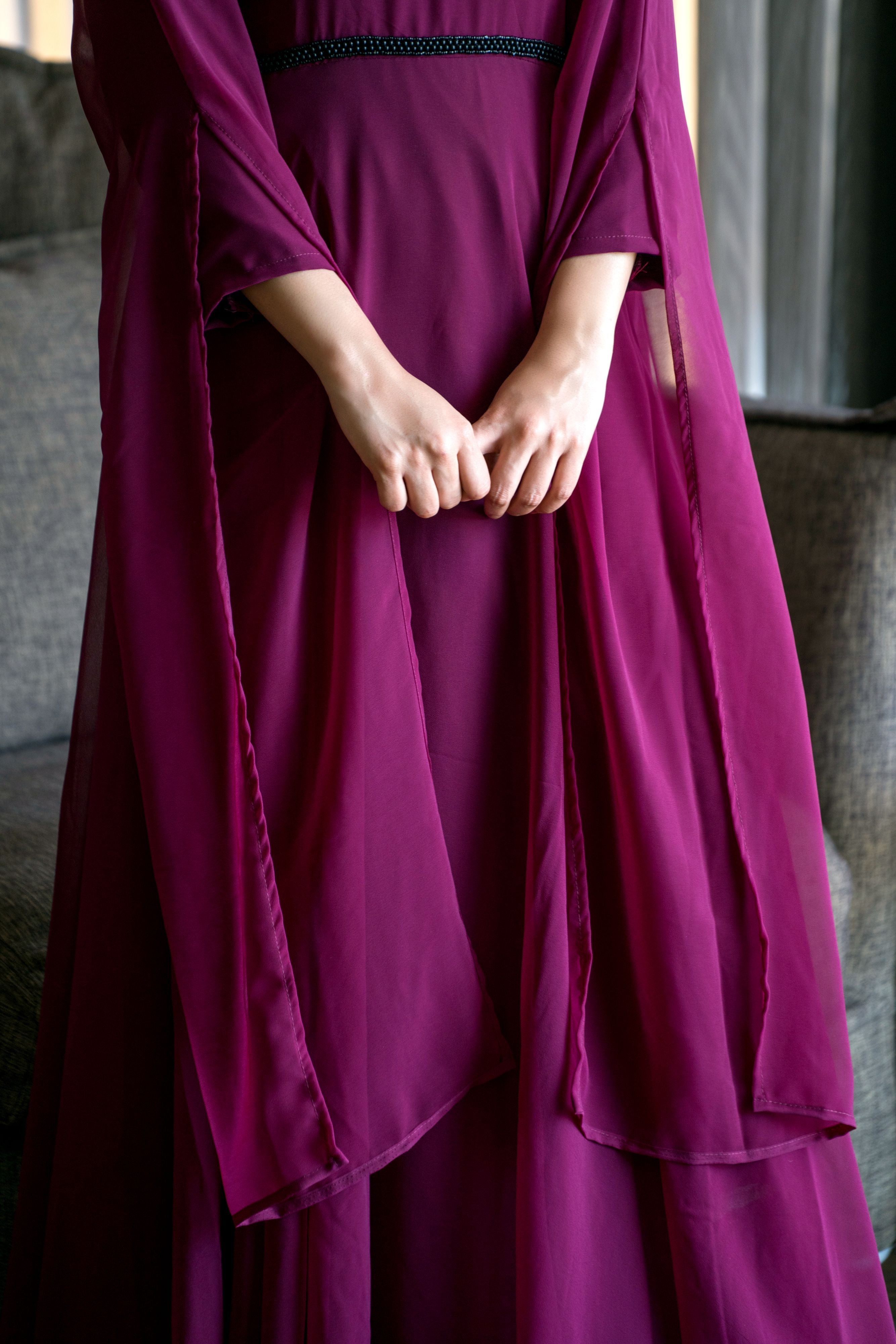 Women Wine Colored Embroidered Round Neck Fit And Flare Gown- Adiba Fashion