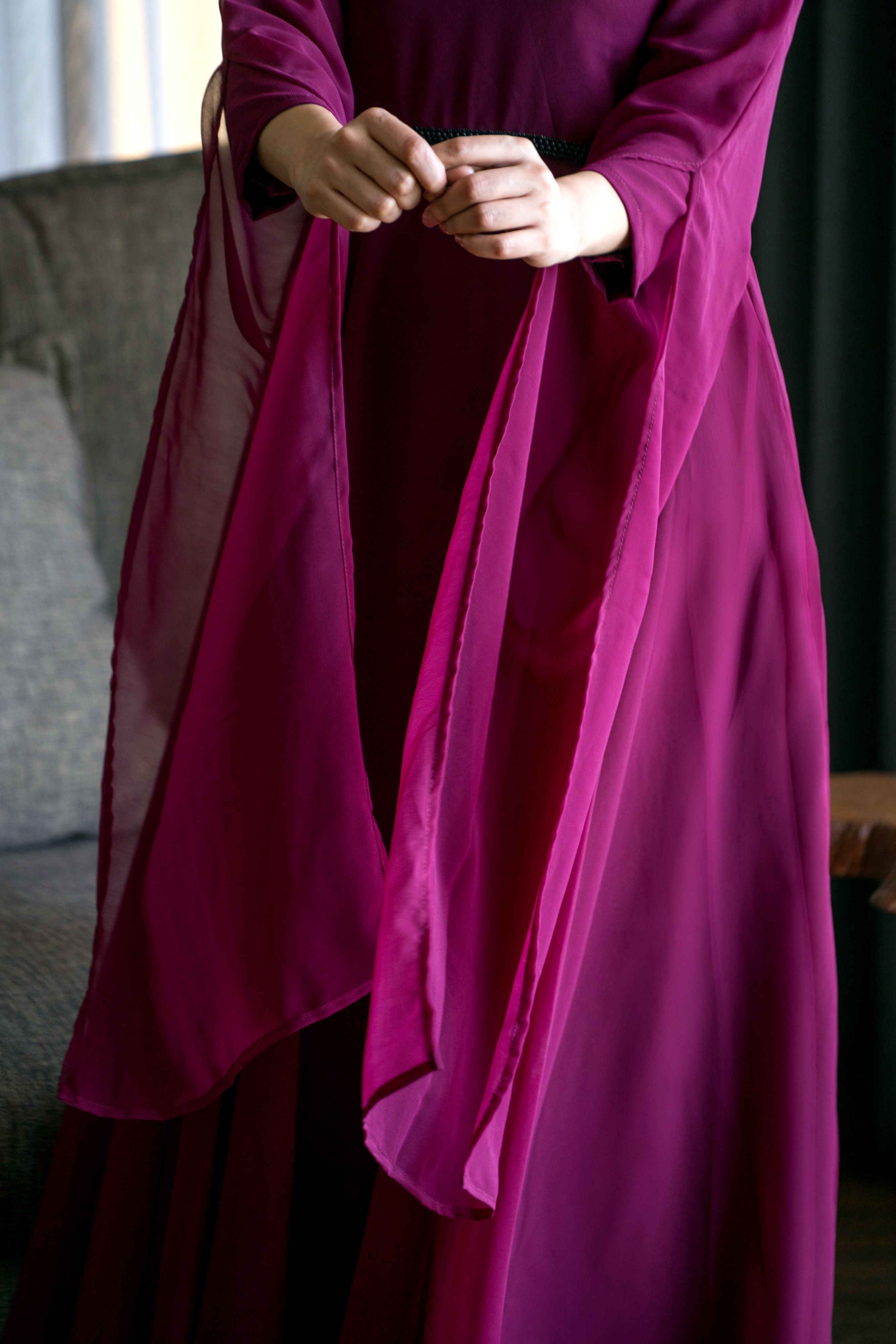 Women Wine Colored Embroidered Round Neck Fit And Flare Gown- Adiba Fashion