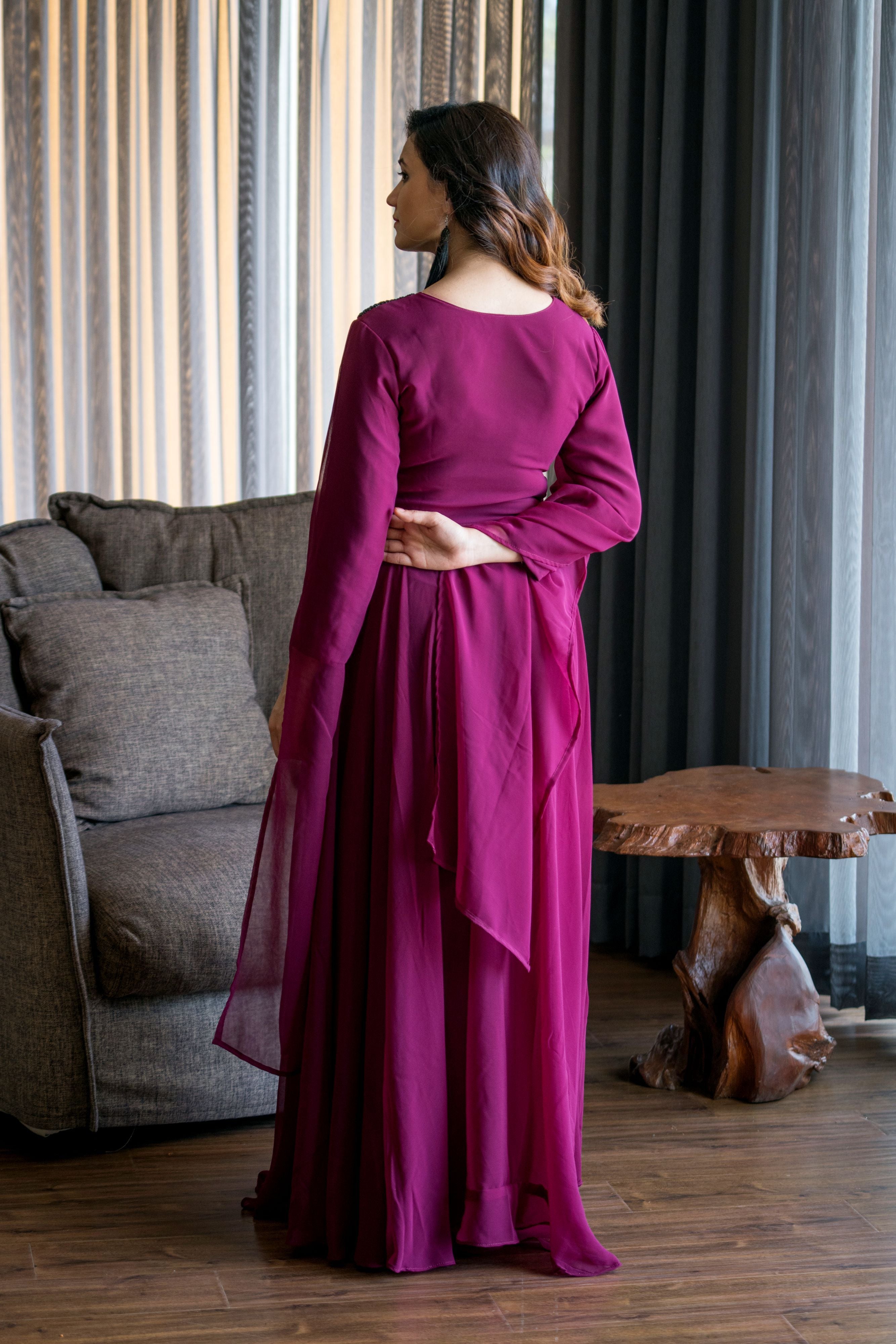 Women Wine Colored Embroidered Round Neck Fit And Flare Gown- Adiba Fashion