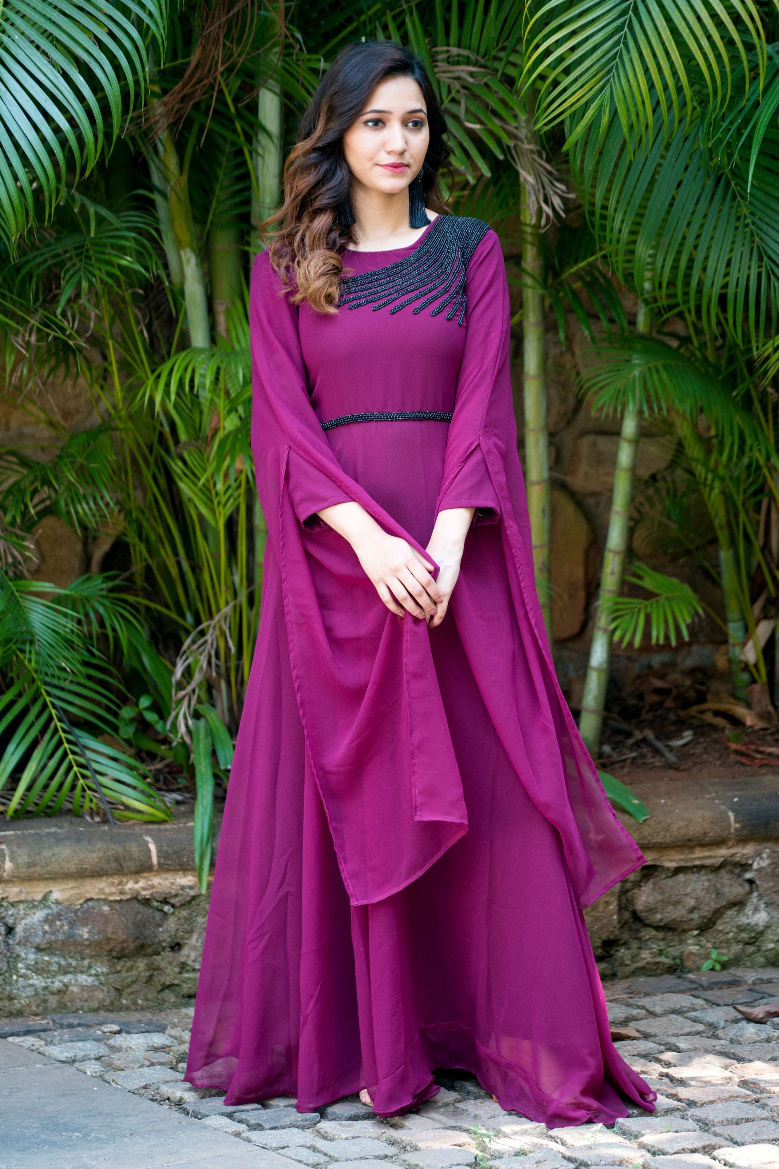 Women Wine Colored Embroidered Round Neck Fit And Flare Gown- Adiba Fashion