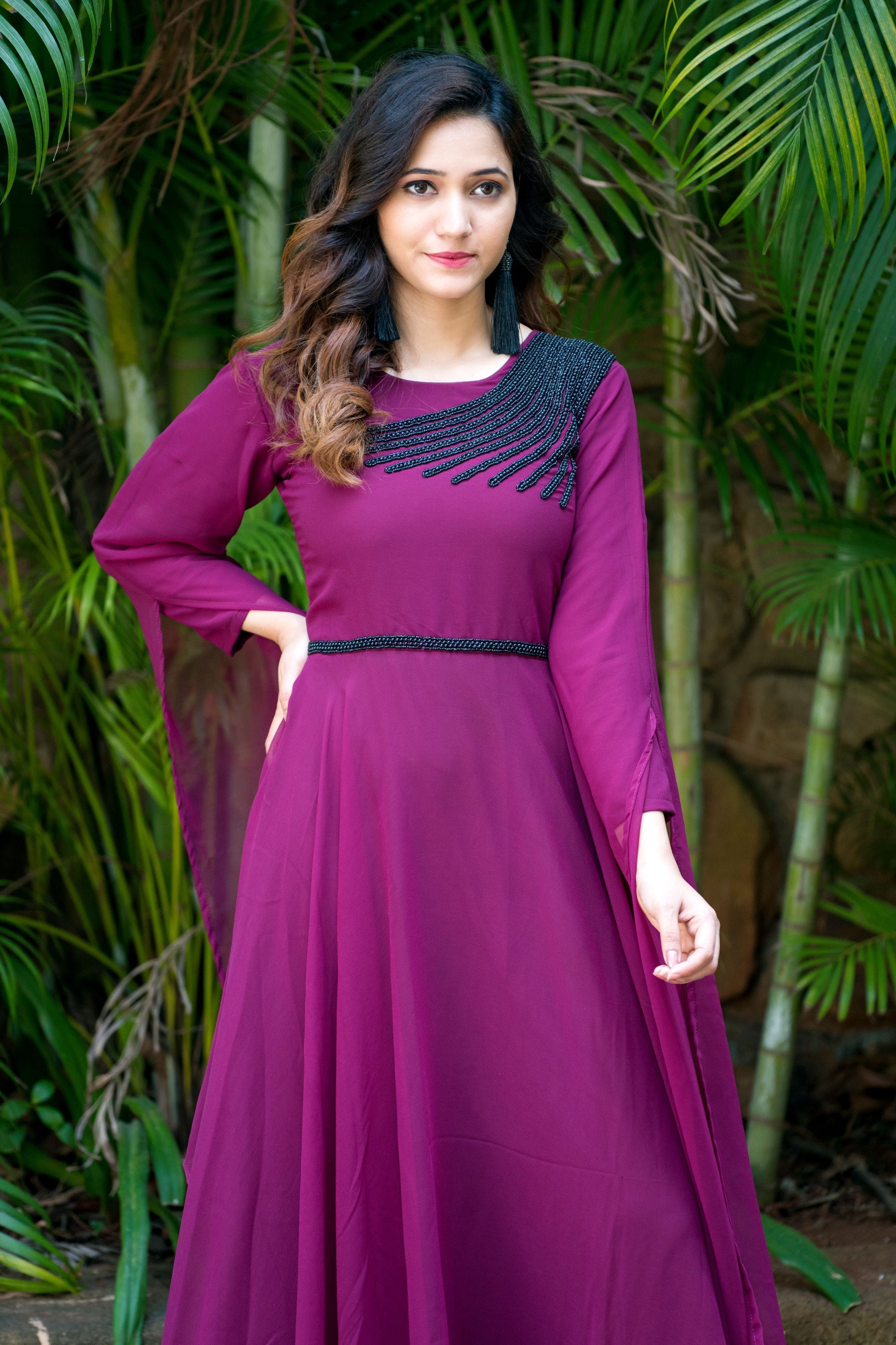 Women Wine Colored Embroidered Round Neck Fit And Flare Gown- Adiba Fashion