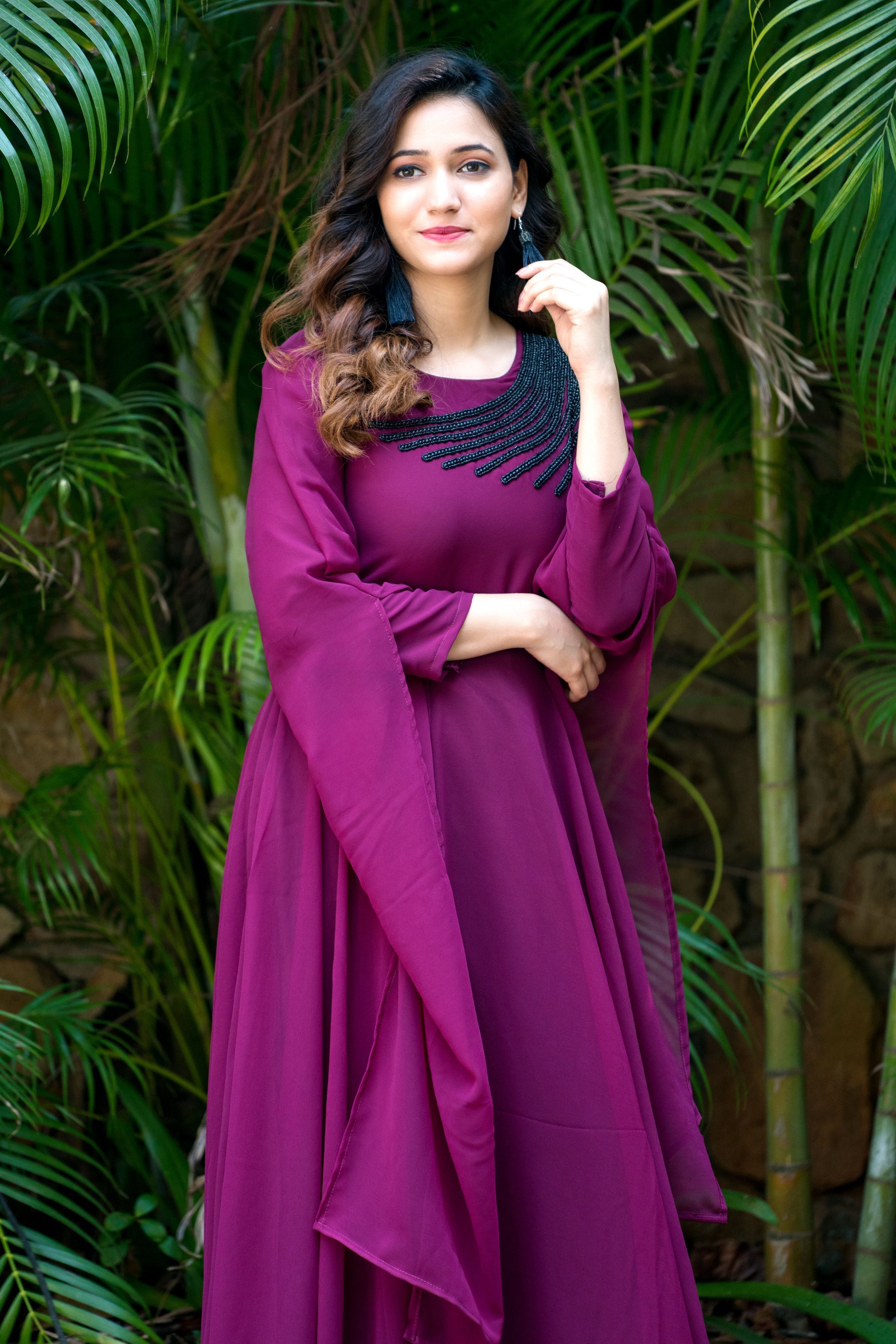 Women Wine Colored Embroidered Round Neck Fit And Flare Gown- Adiba Fashion