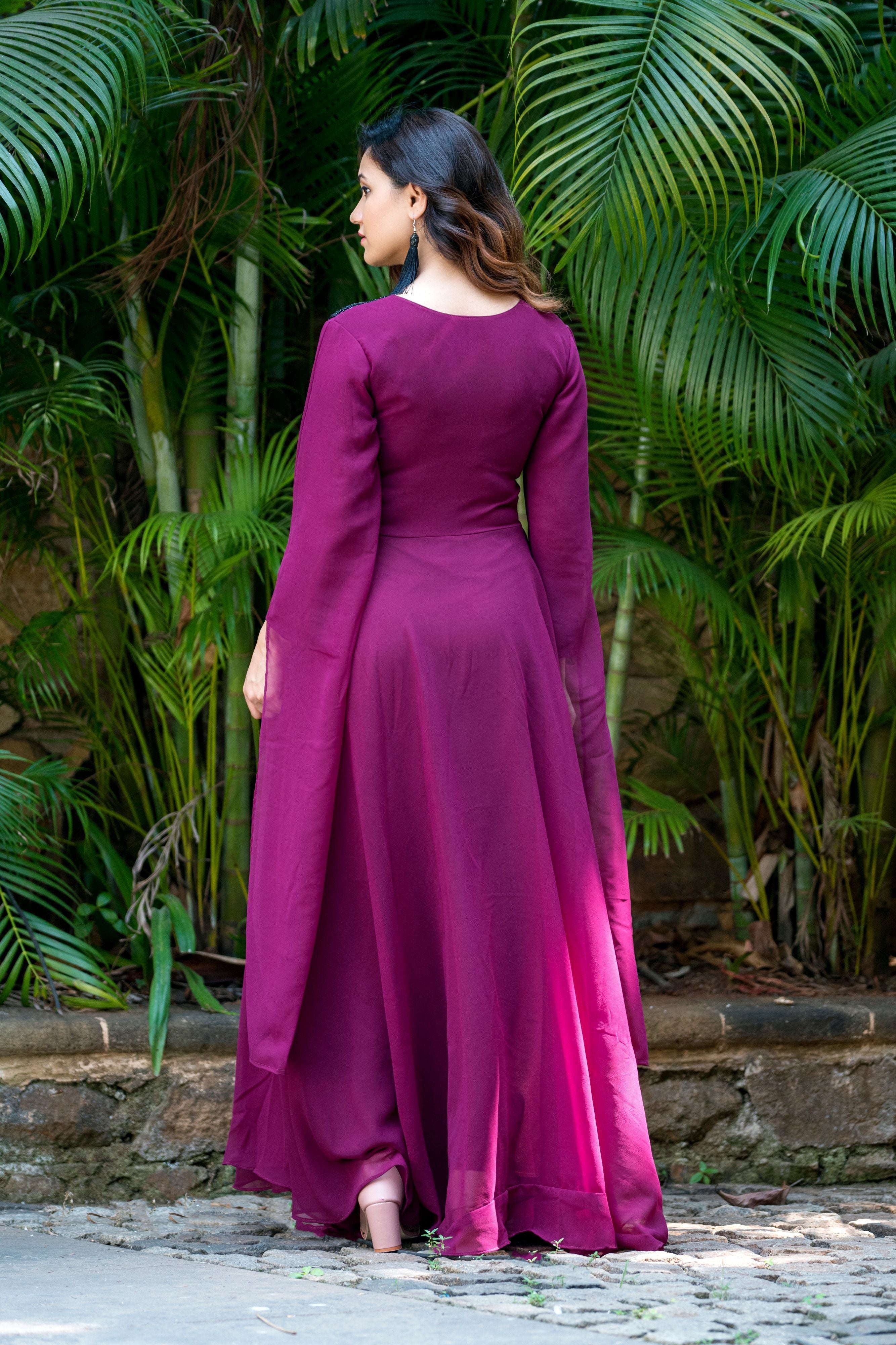 Women Wine Colored Embroidered Round Neck Fit And Flare Gown- Adiba Fashion