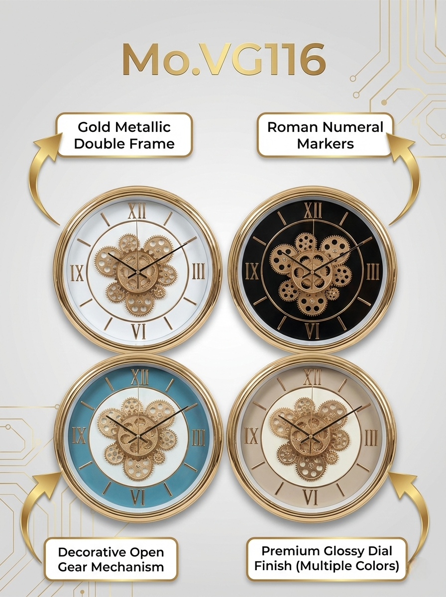 Four decorative wall clocks with gold metallic frames and Roman numeral markers on a light gray background.
