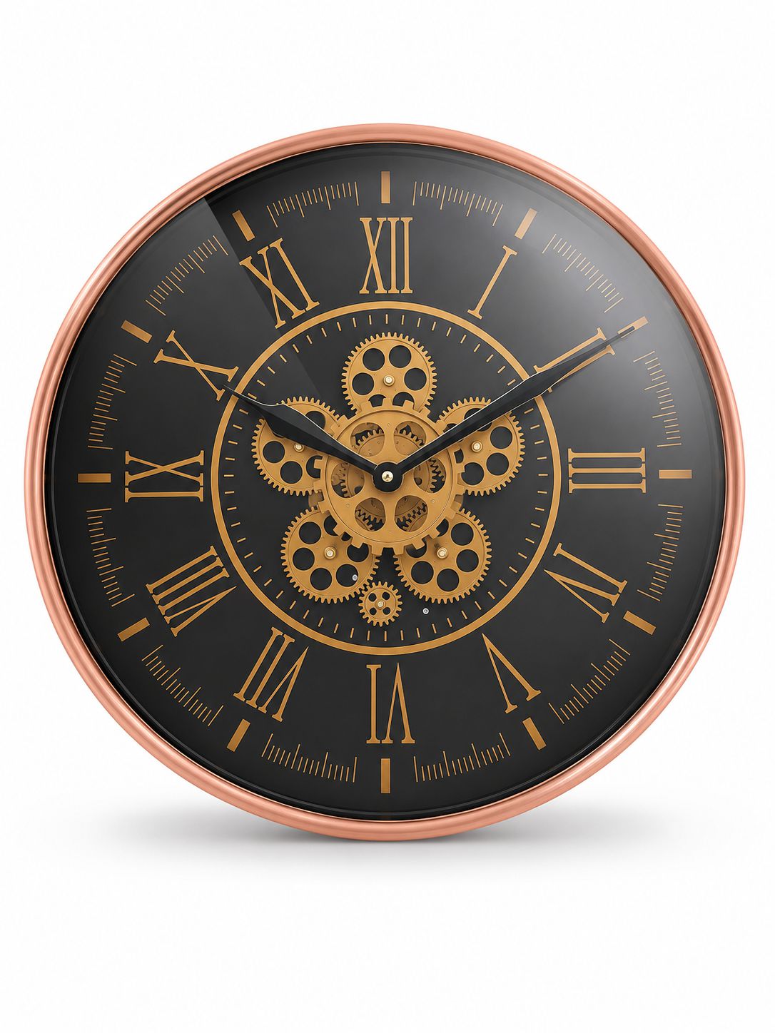 Front View of Rose Gold Moving Gear Wall Clock on White Background