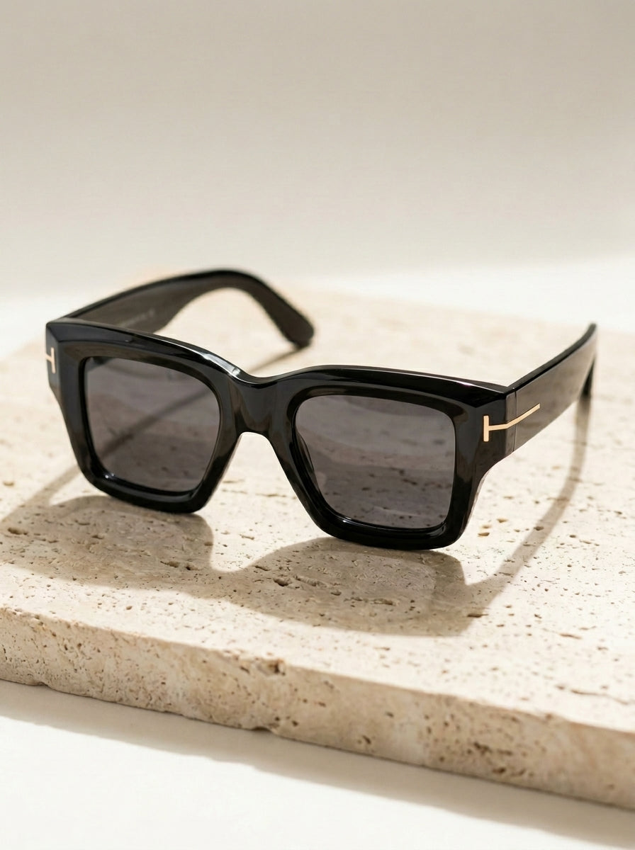 Front angle hero shot of oversized square black sunglasses with smoke lenses