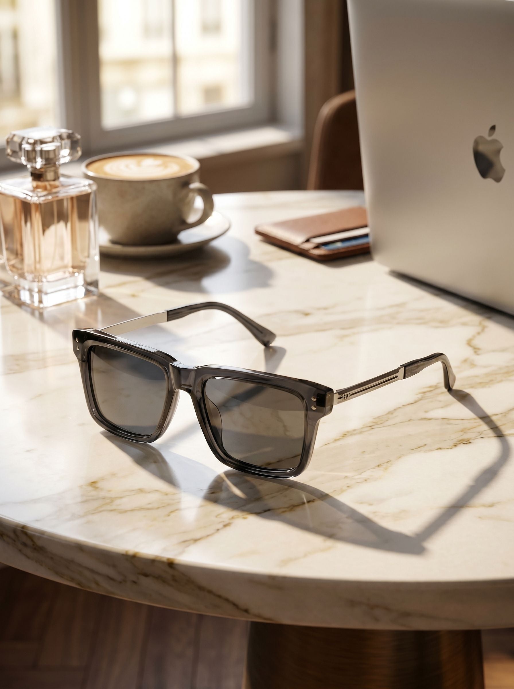 Front angle studio shot of oversized black square sunglasses with smoke UV lenses