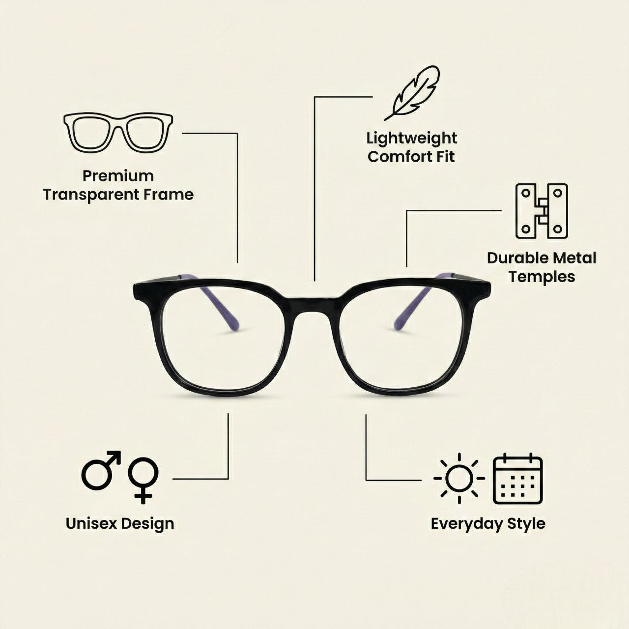 Front angle view of premium black optical frame with purple temple details with features listed on a beige background