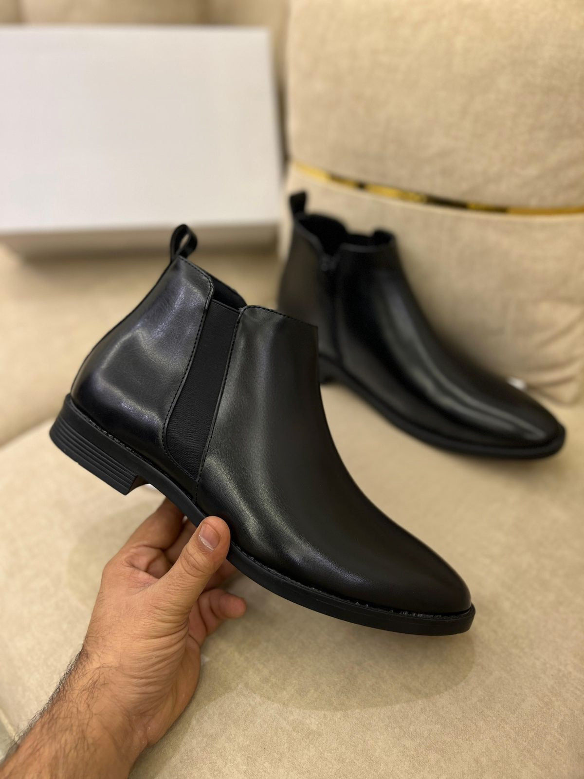 Front view of Black Faux Leather Chelsea Boot, stylish pointed toe