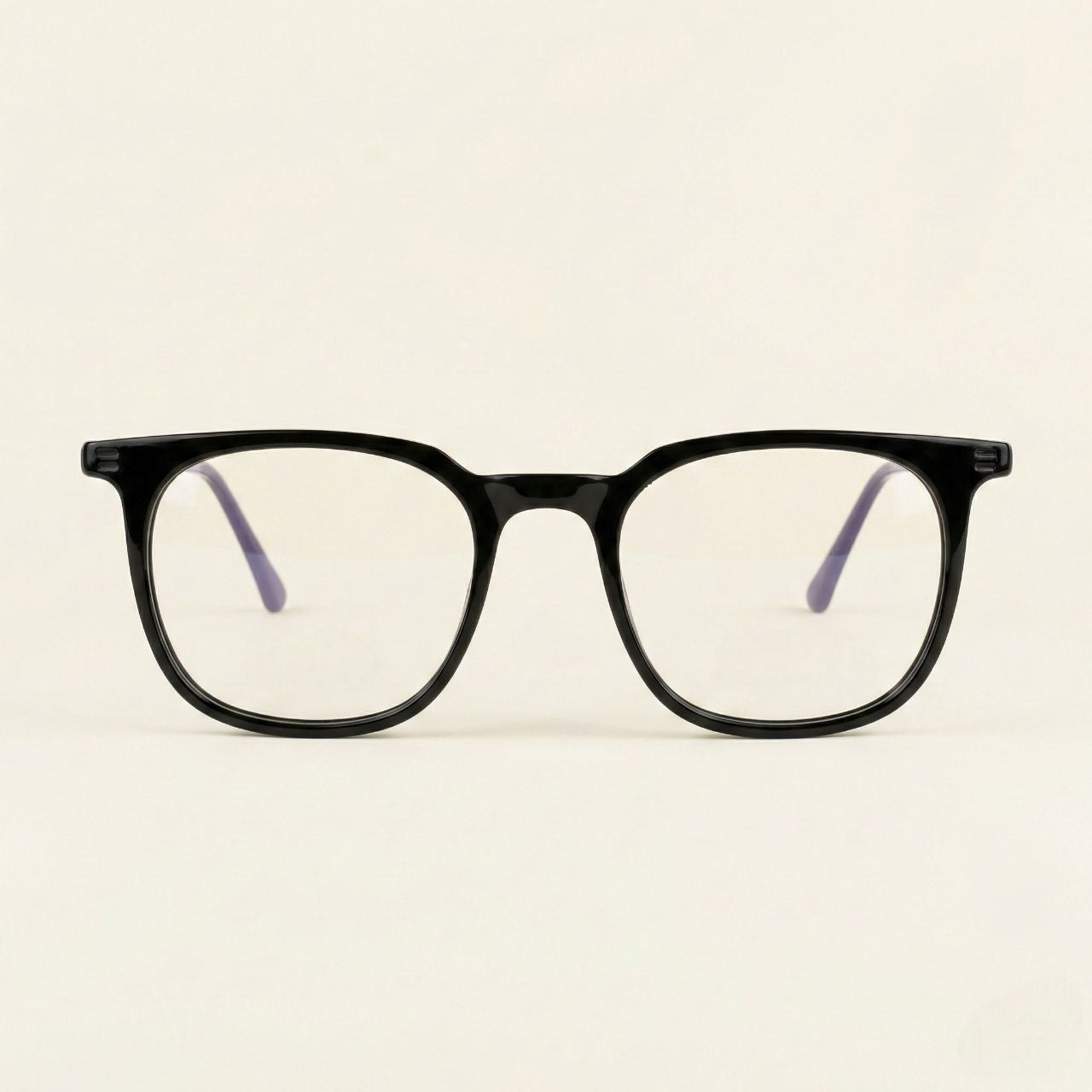 Front view of classic black square eyeglasses with purple temple accents