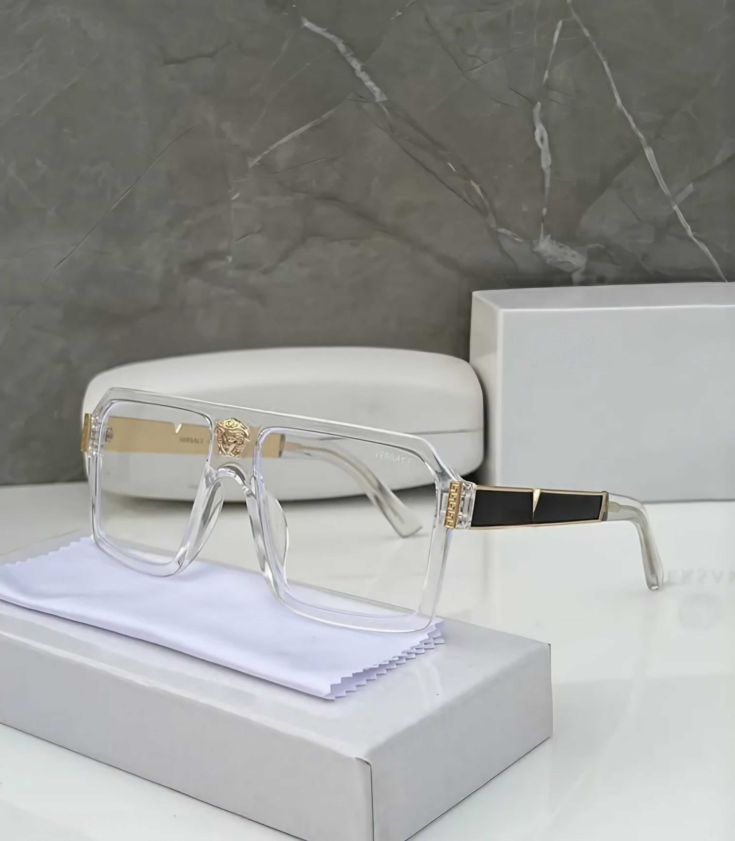Luxe Clear Frame Oversized Square Eyeglasses - Gold Medusa & Greca Accent | Transparent Designer Inspired Fashion Eyewear