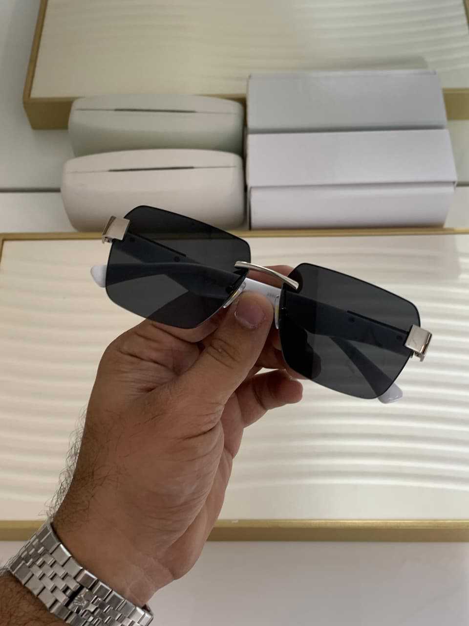 Elite Rimless Rectangular Sunglasses - Black Lens with White & Silver Luxury Accent Arms | Sleek Designer Inspired Eyewear