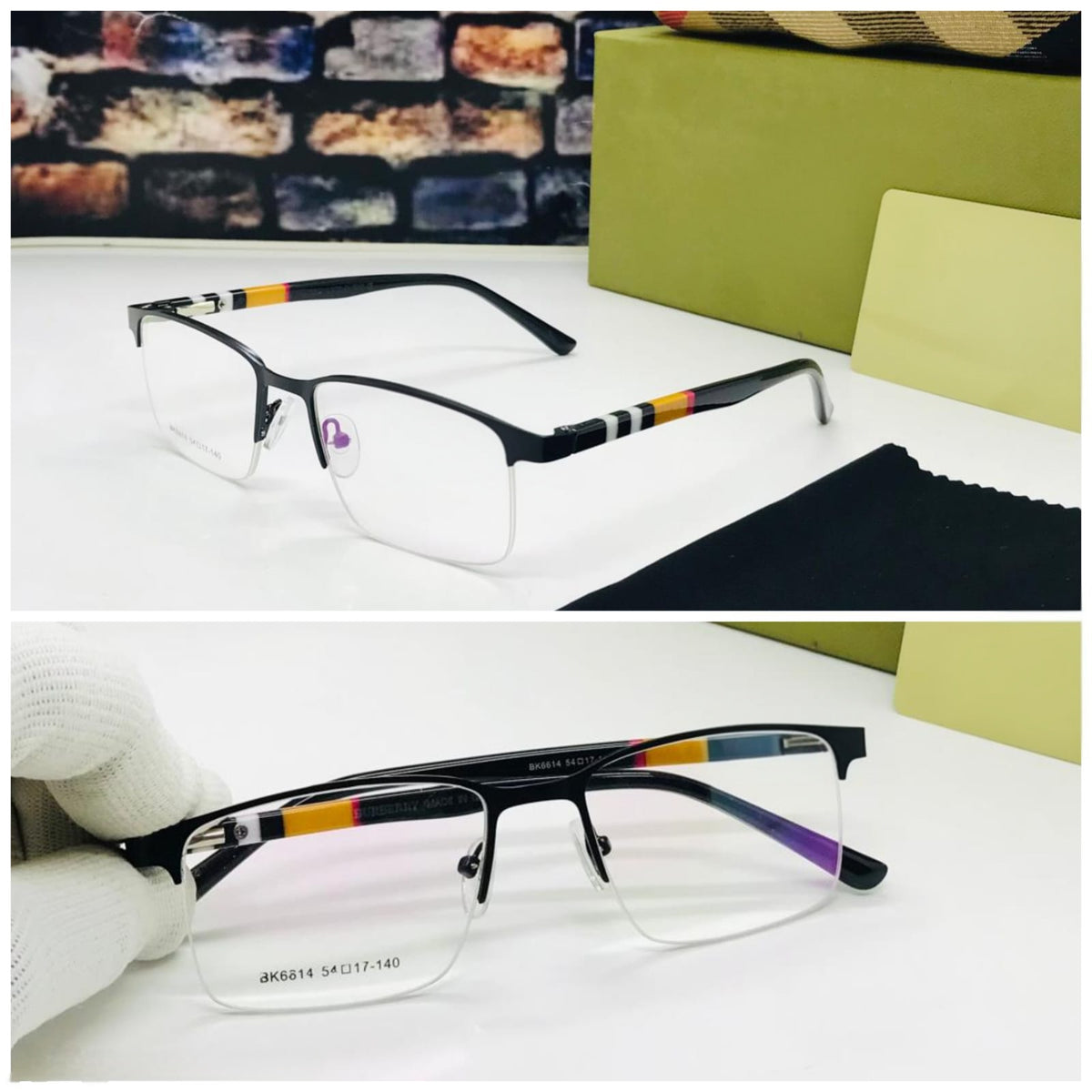 Full view of the spectacles on a white surface with a branded case in the background