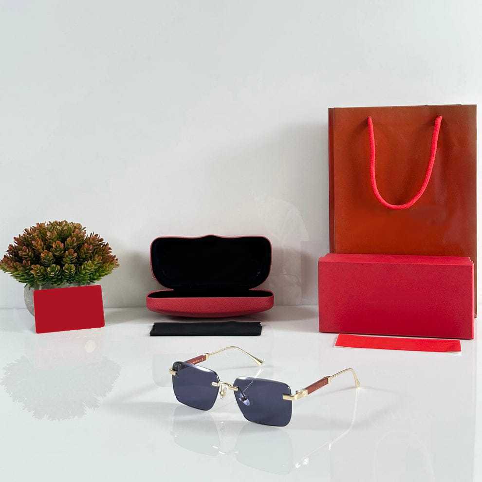 Classic Rimless Square Sunglasses - Black Lens & Leather Temples