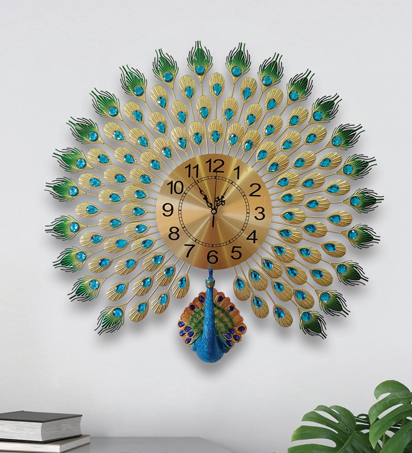 FunkyTradition 3D Multicolor Peacock Feather Open Wall Clock, Wall Watch, Wall Decor for Home Office Decor and Gifts 60 CM Tall