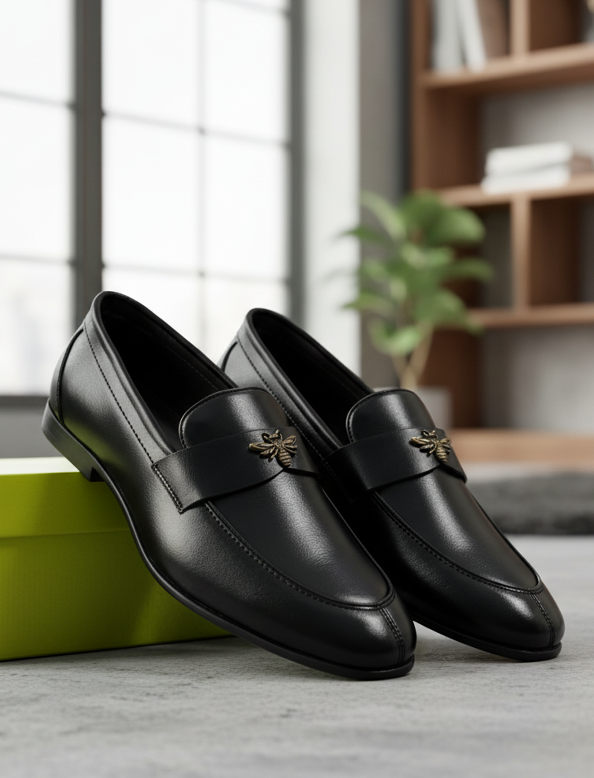 FunkyTradition Black Faux Leather Loafers with Gold Bee Buckle Detail