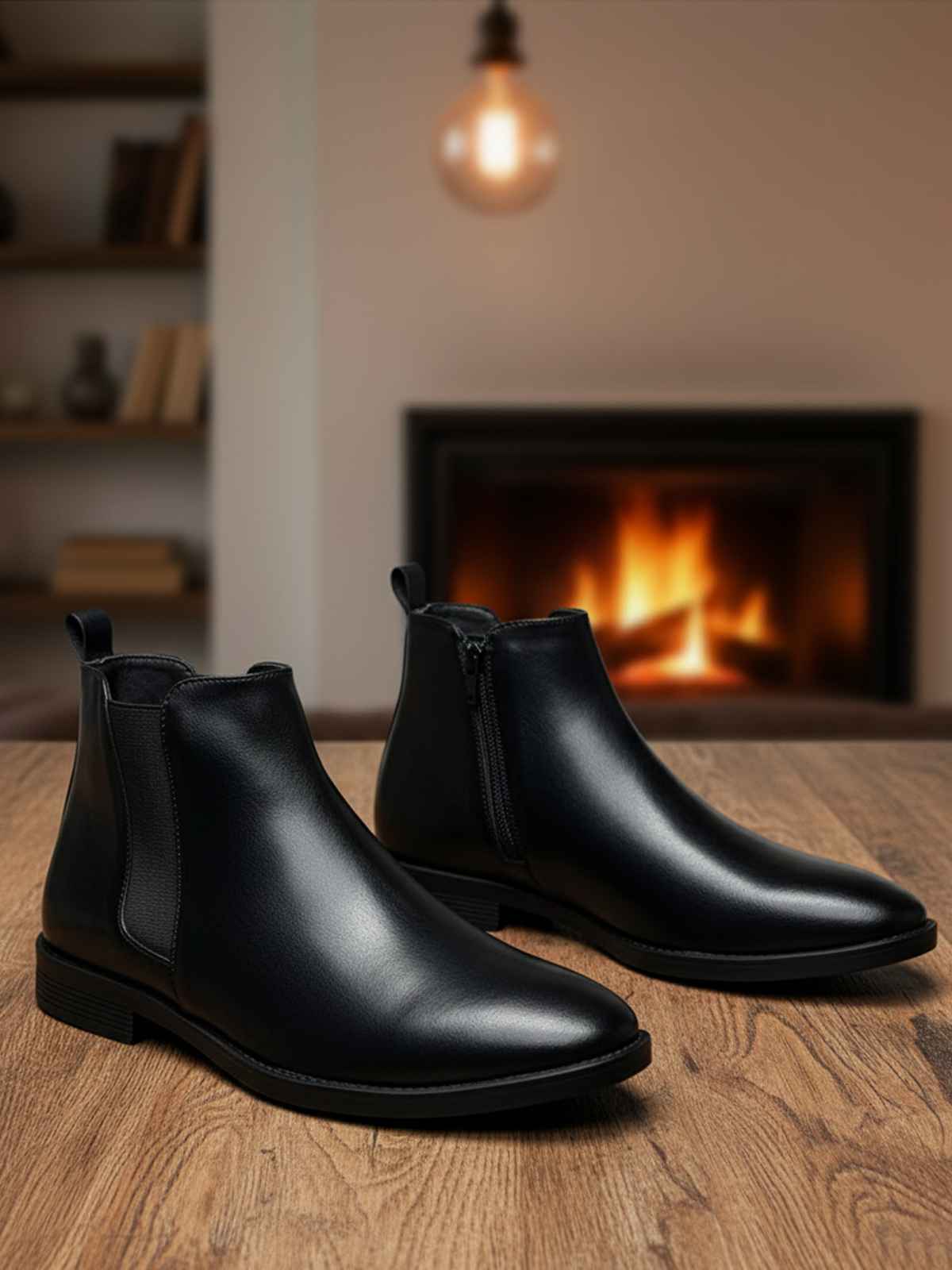 FunkyTradition Black Faux Suede Chelsea Boots for Men, showing side zipper