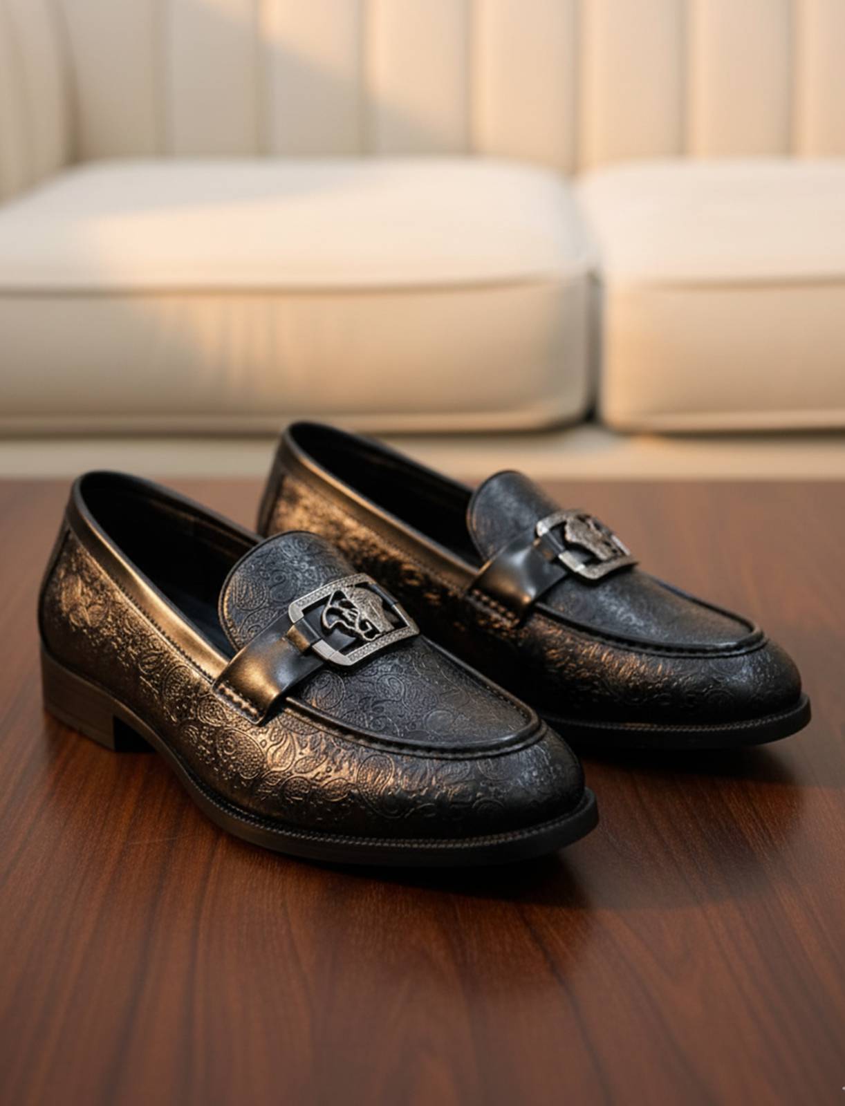 FunkyTradition Black Suede Faux Leather Loafers for men with metal buckle detail, formal wear, UK sizes.