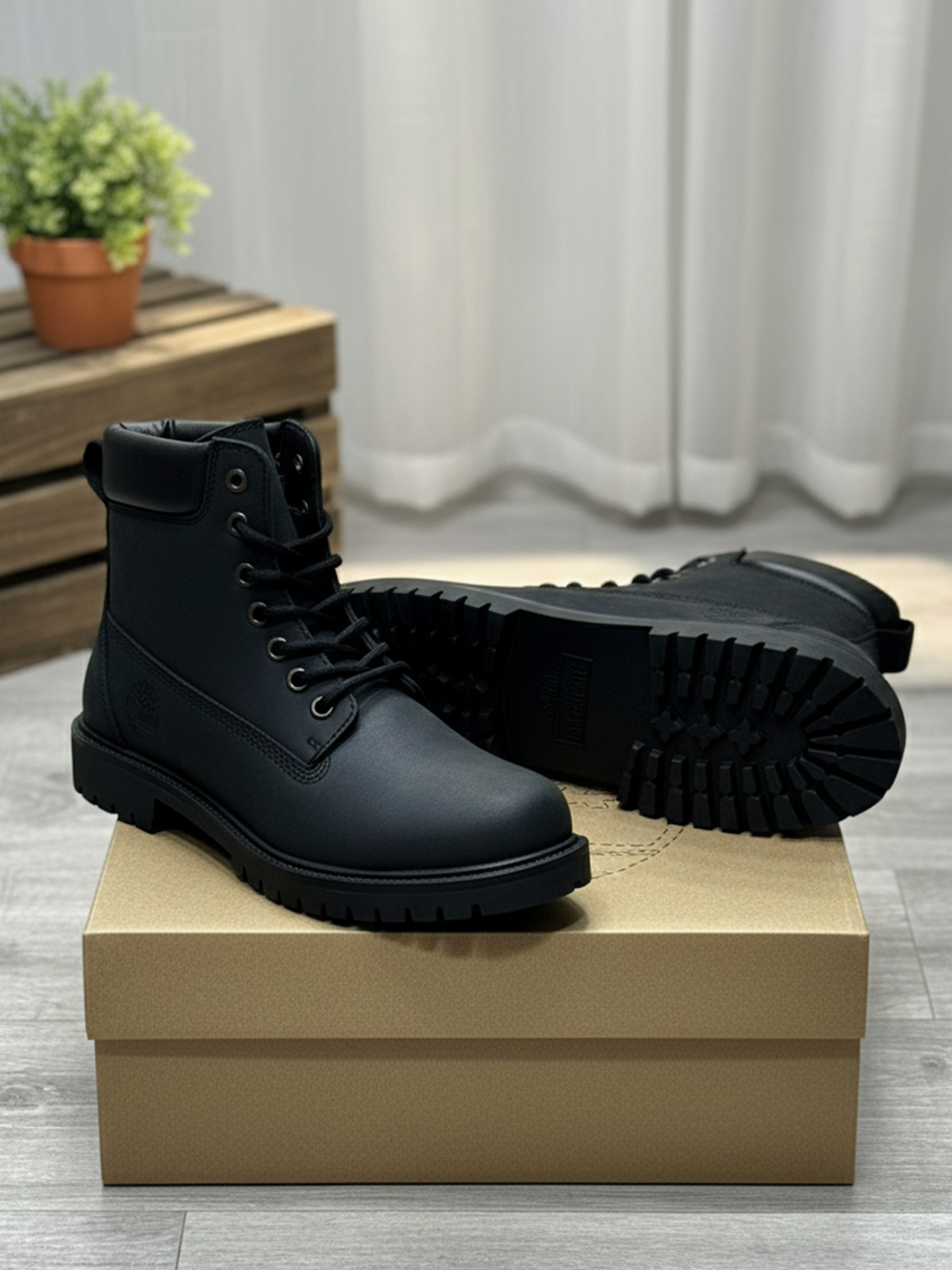 FunkyTradition Black Suede Faux Leather Trekking Boots on a wooden surface.