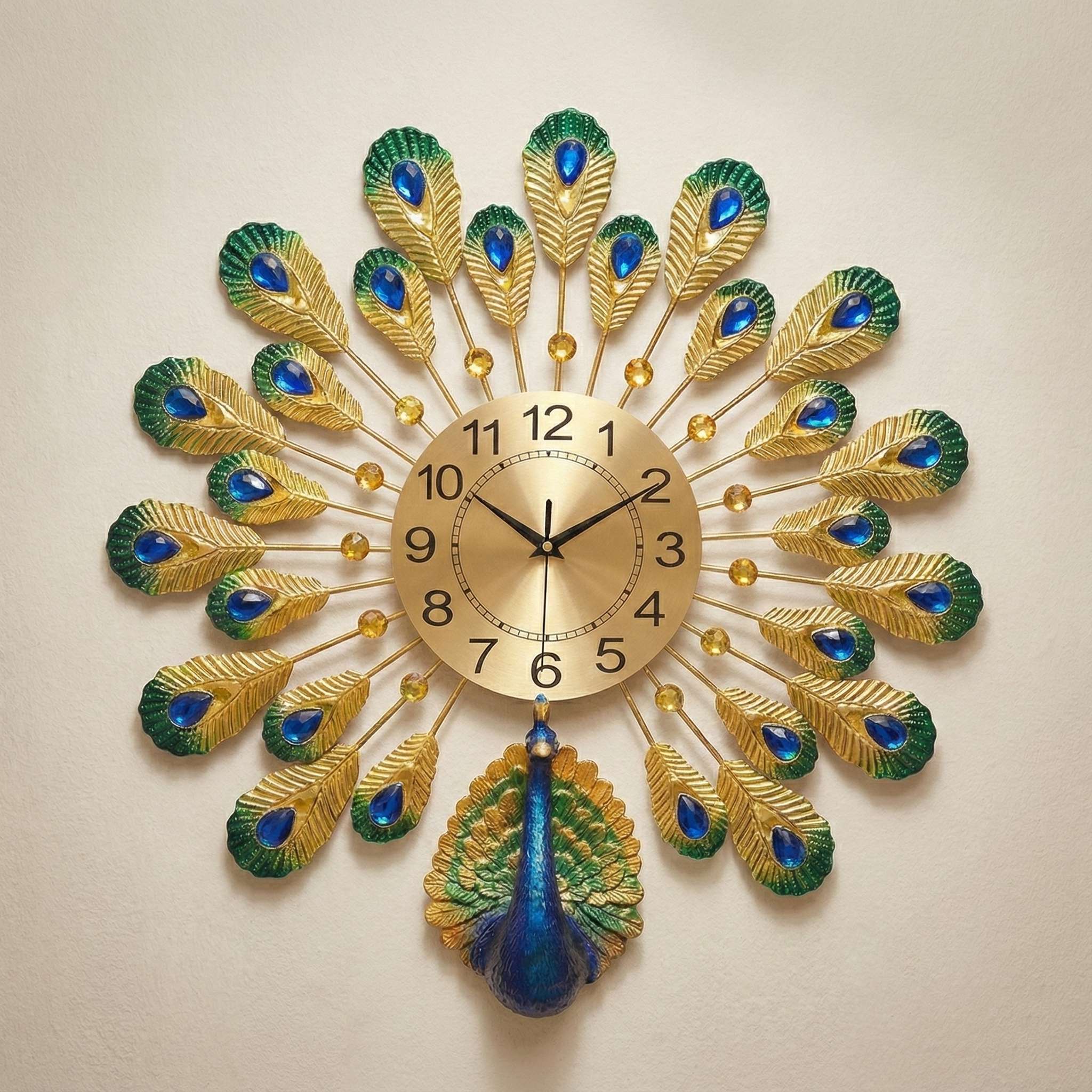 FunkyTradition Majestic 3D Peacock Wall Clock with gold metal frame and blue green feathers