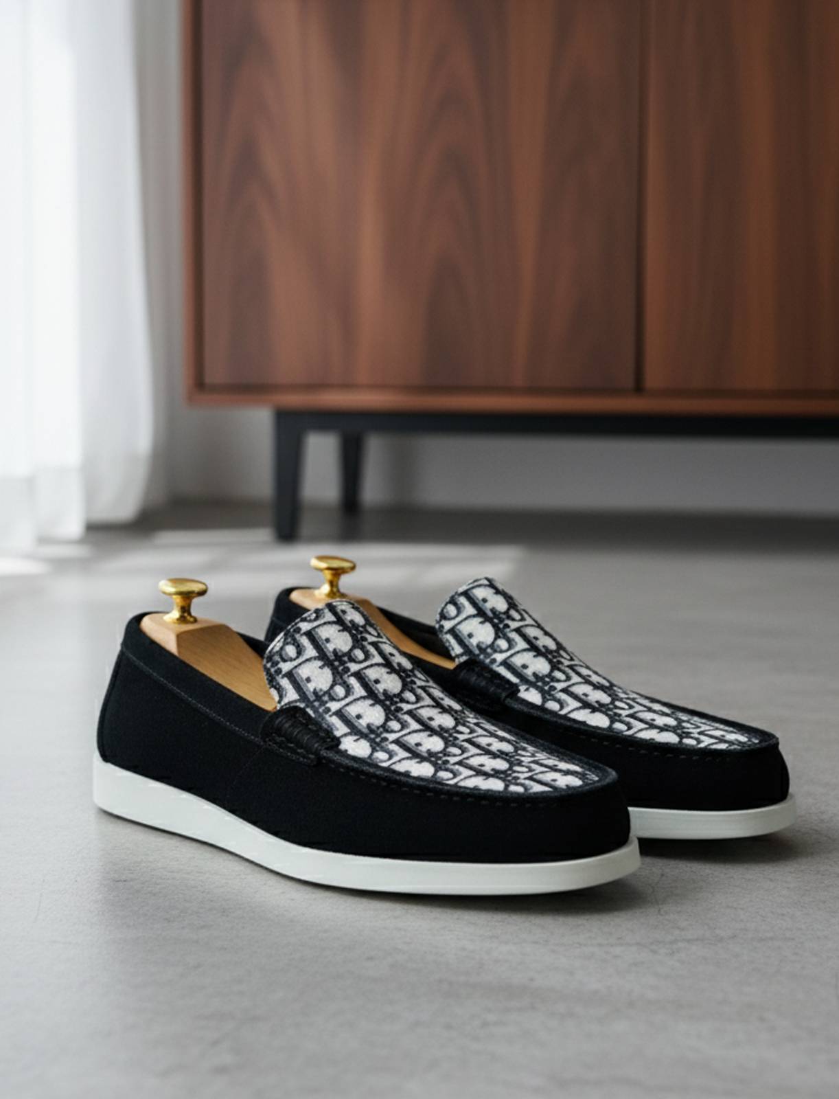 FunkyTradition Men's Black Suede Loafers with White Designer Print