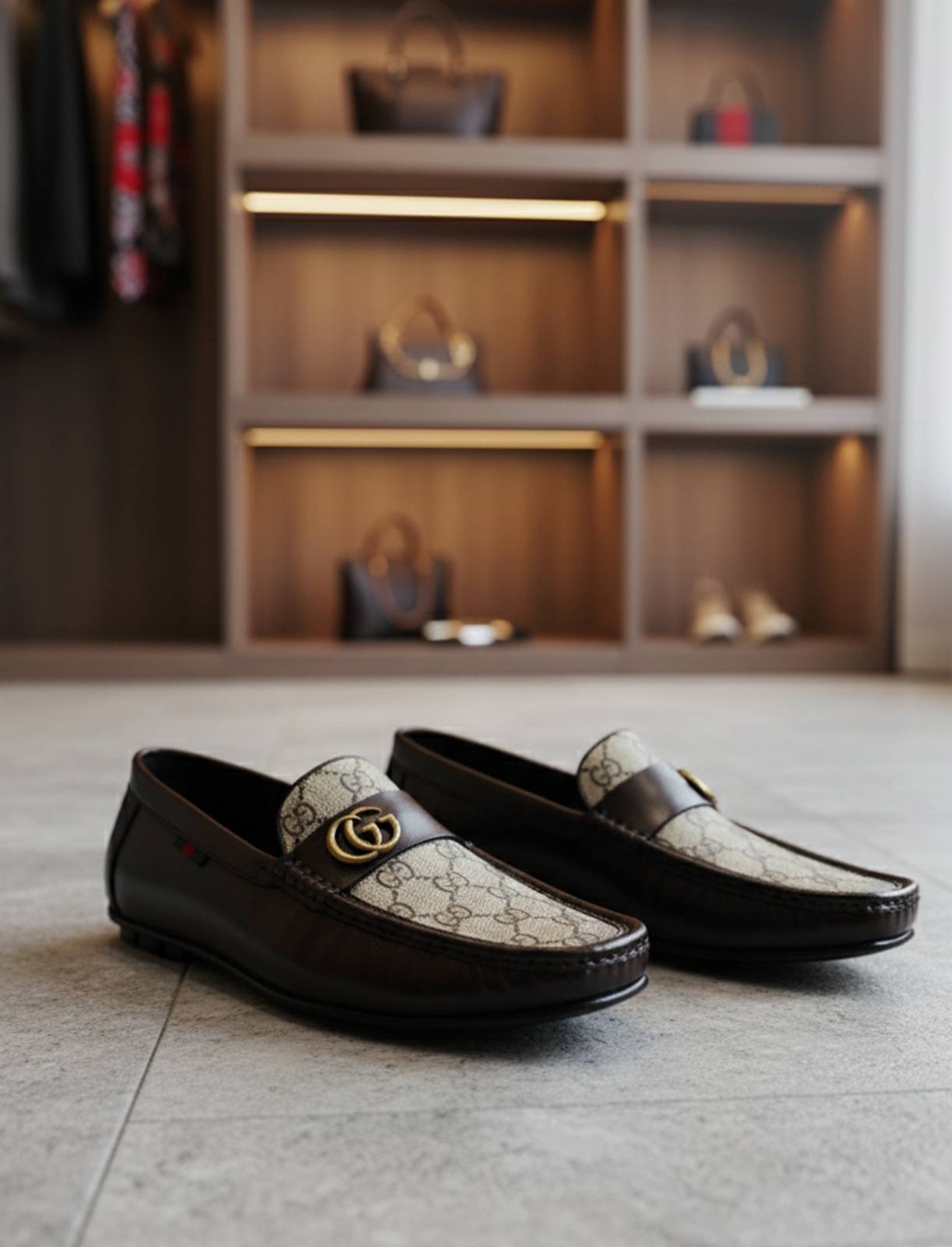 FunkyTradition Men's Brown Suede Faux Leather Loafers with Gold Buckle Detail