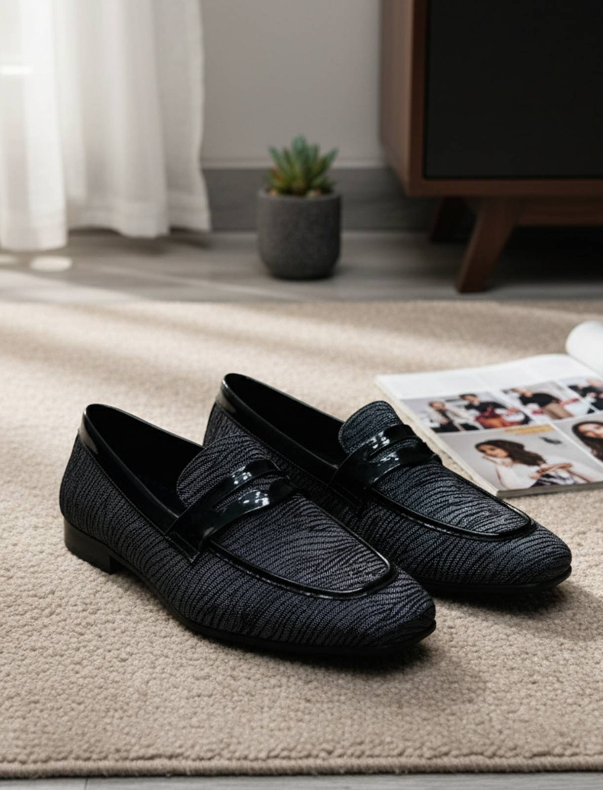 FunkyTradition Men's Grey Faux Leather Loafers, front view, displayed on a clean background.