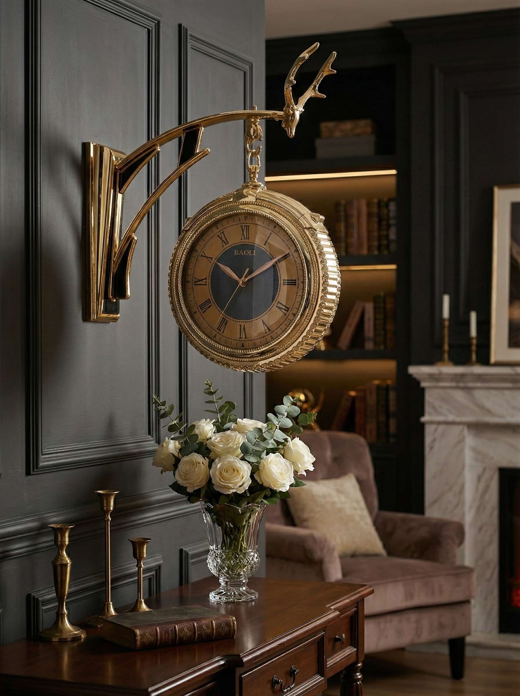 FunkyTradition gold dual-faced wall clock with Roman numerals