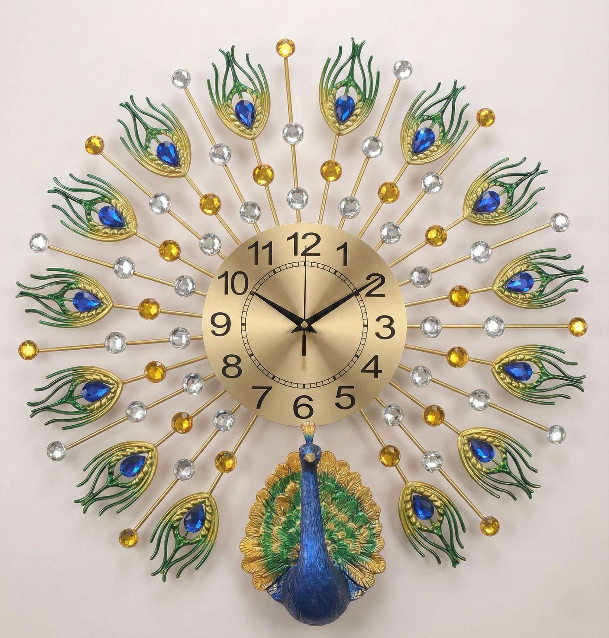 FunkyTradition gold peacock wall clock front view with blue crystals for living room.