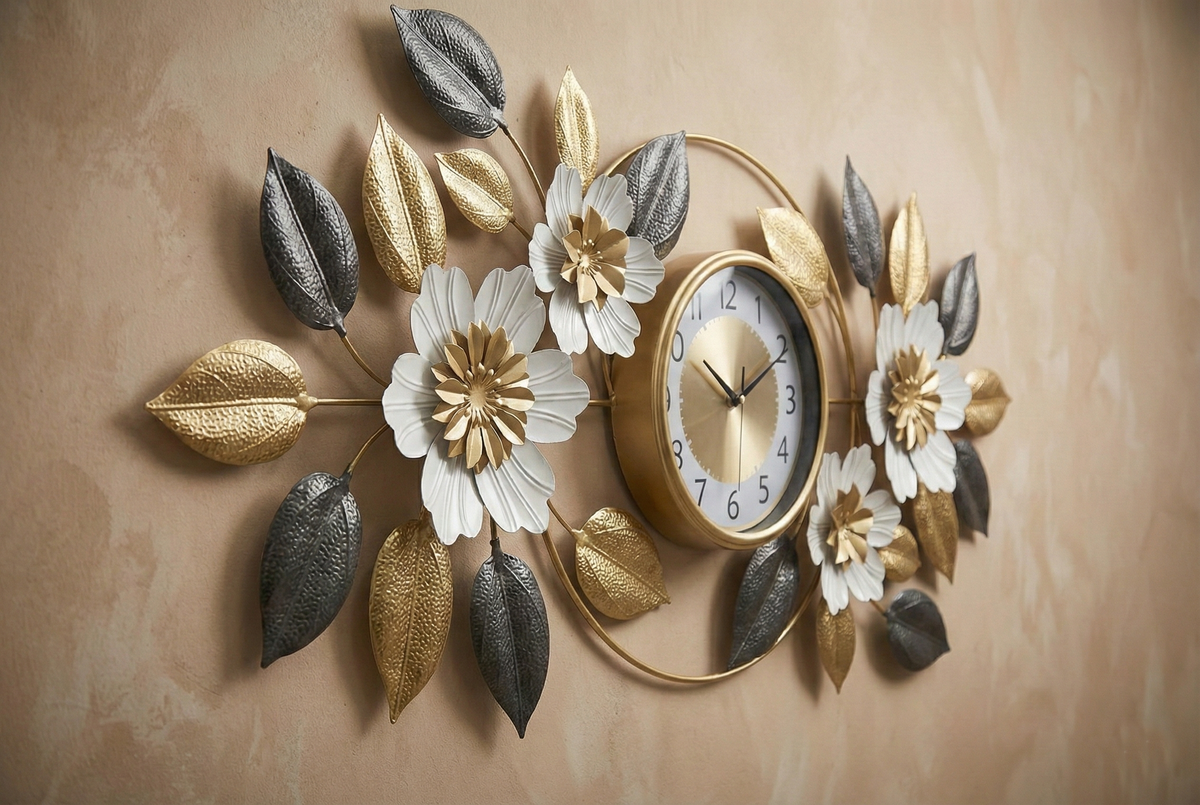 FunkyTradition iron wall art clock. Decorative wall clock with floral and leaf designs on a beige background