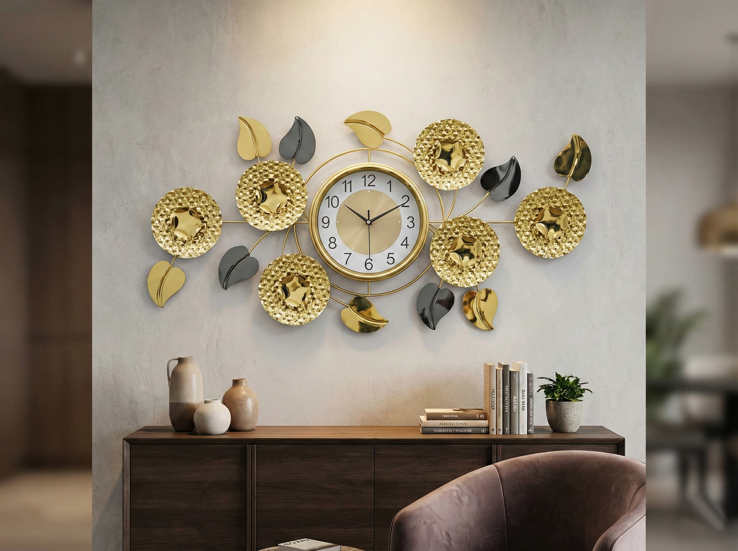 FunkyTradition large gold and black iron floral wall clock 90x45cm centered on a light grey living room wall.