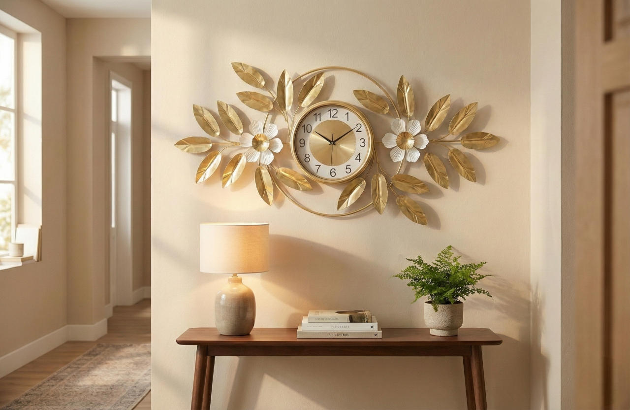 FunkyTradition large gold metal wall clock with floral design for living room.