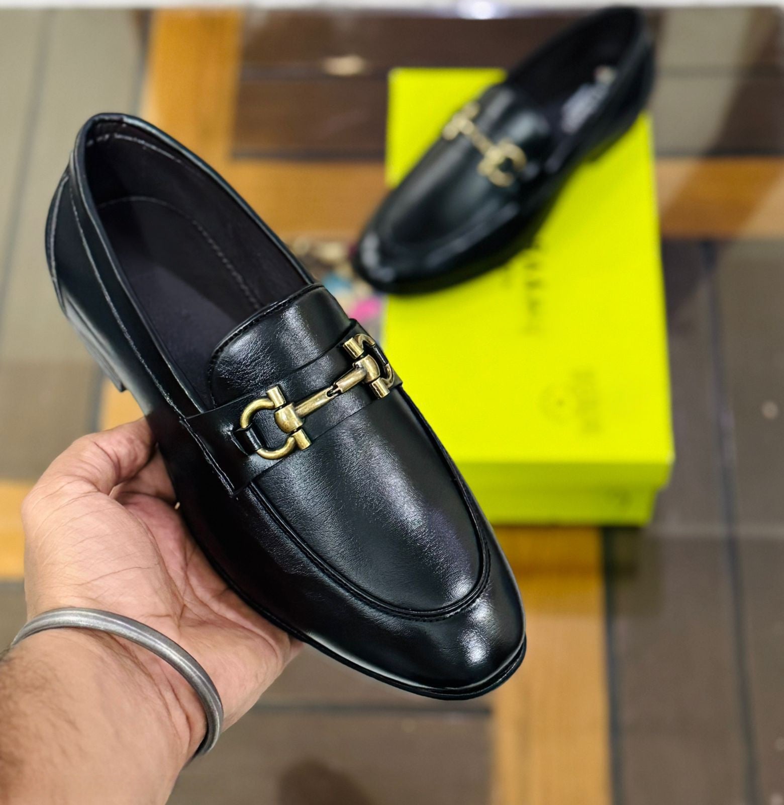 FunkyTradition men's designer loafer black suede faux leather slip-on with gold buckle detail