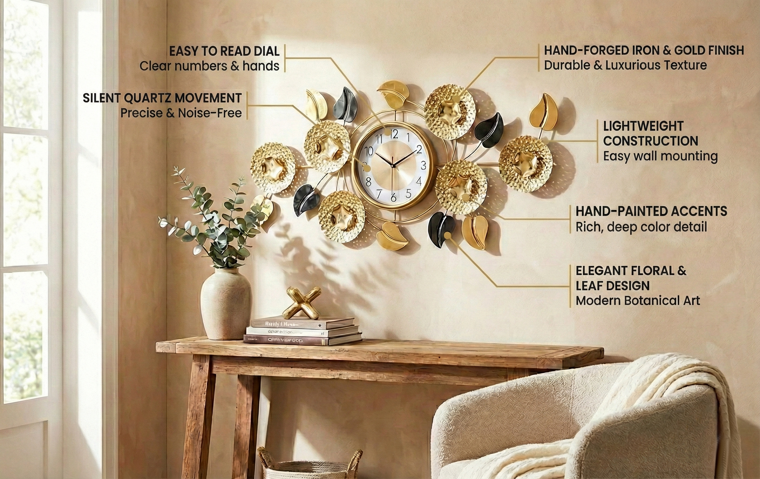 FunkyTradition wall clock infographic highlighting features: Silent Quartz Movement, Easy to Read Dial, Hand-Forged Iron & Gold Finish, Lightweight Construction, Hand-Painted Accents, and Elegant Floral & Leaf Design.