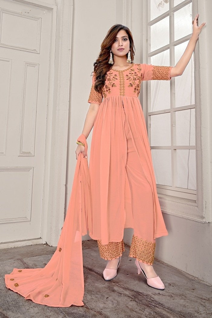 Indo Western Peach Embroidered Front Cut Anarkali Gown With Palazzo and Dupatta - Adiba Fashion