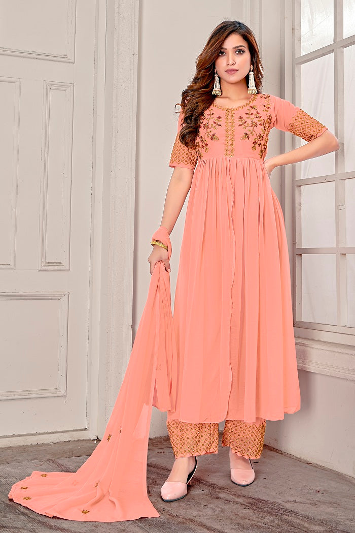 Indo Western Peach Embroidered Front Cut Anarkali Gown With Palazzo and Dupatta - Adiba Fashion