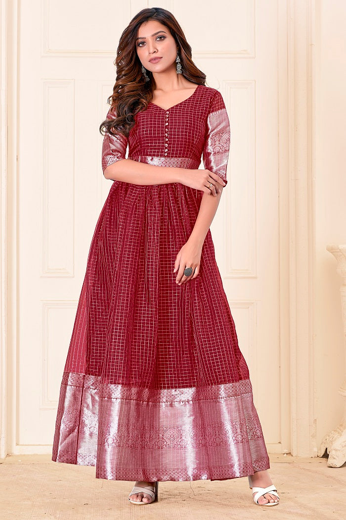 Women Maroon Colored Party Wear Woven Pure Organza Gown- Adiba Fashion